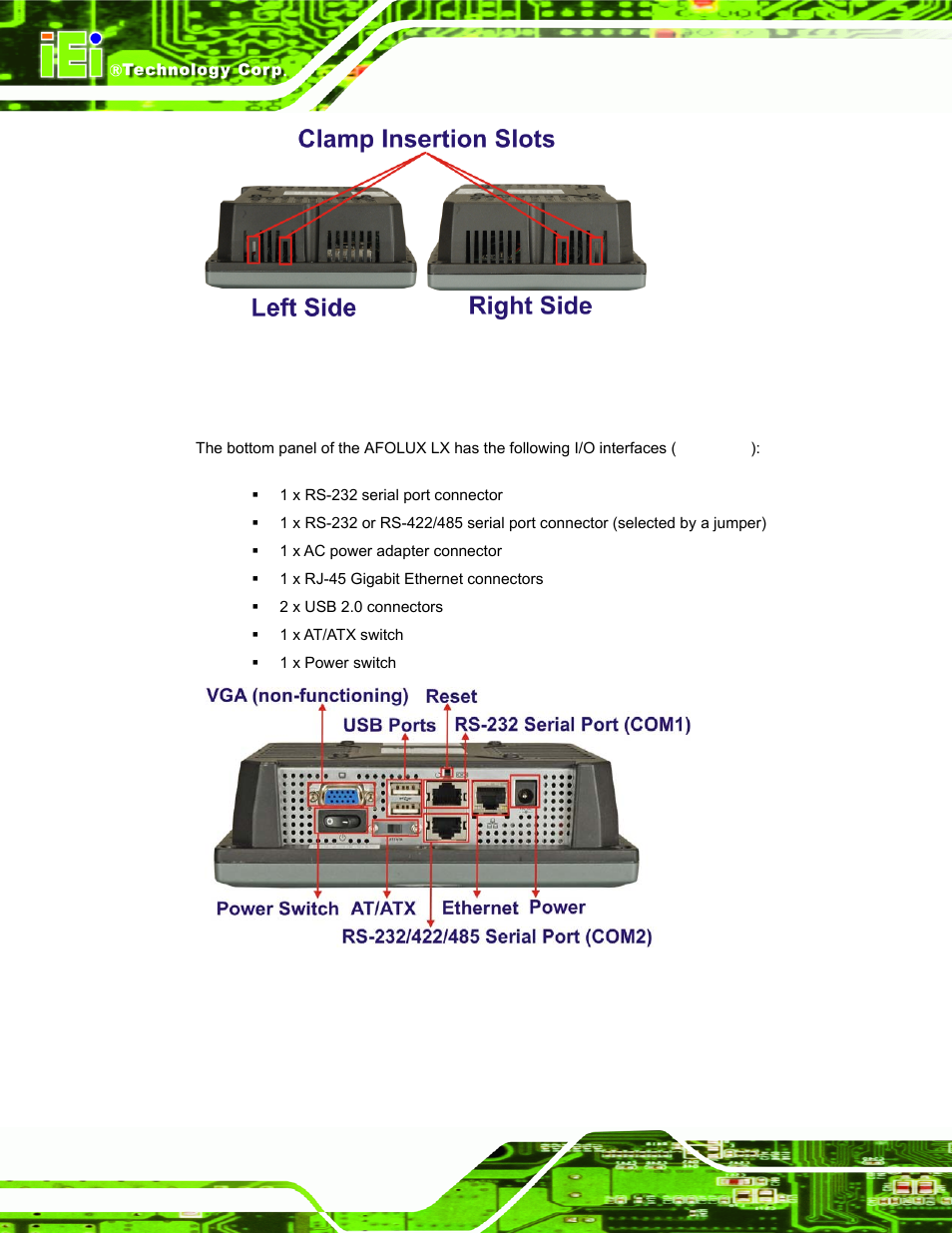 5 bottom panel, Figure 1-5: side view, Figure 1-6: afolux lx bottom view | IEI Integration AFL-056A-LX v2.10 User Manual | Page 19 / 114