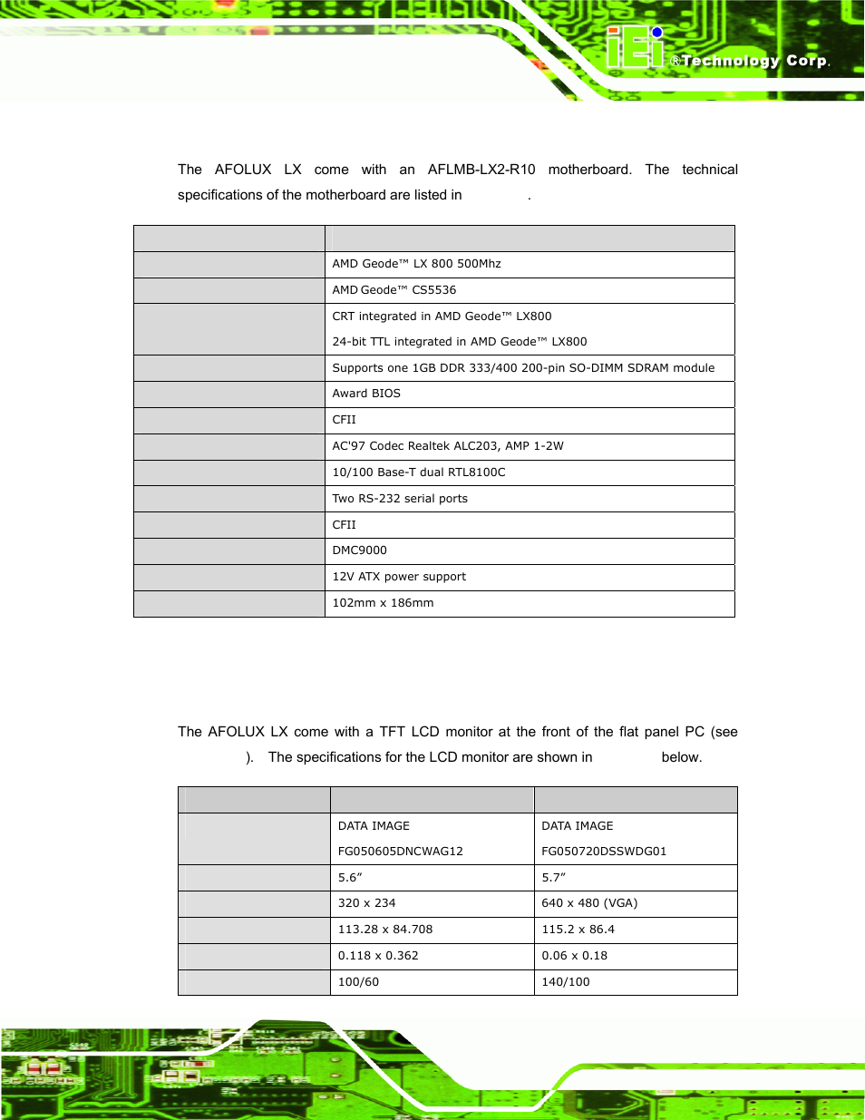 3 motherboard specifications, 4 flat panel screen specifications, Table 1-3: motherboard specifications | IEI Integration AFL-056A-LX v2.10 User Manual | Page 22 / 114