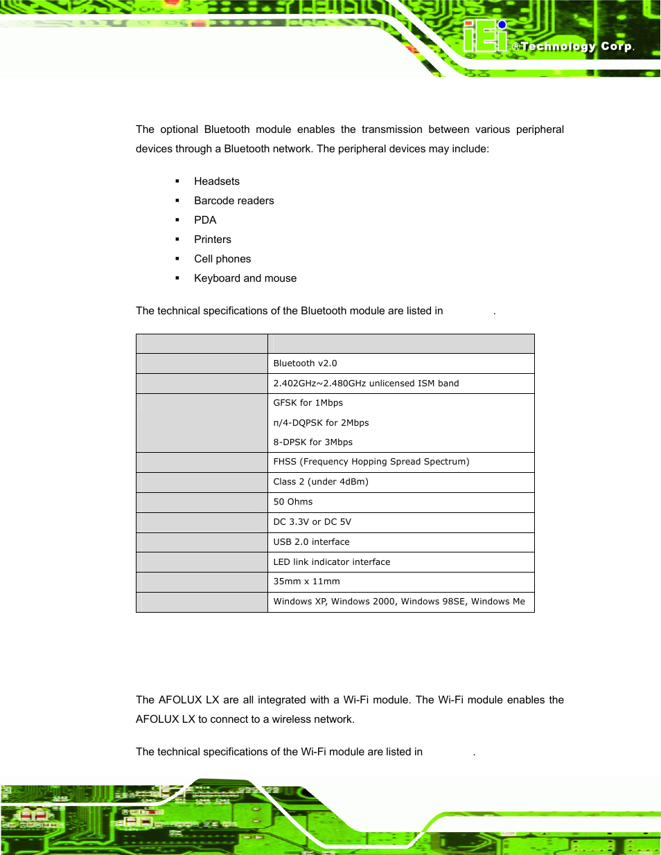 6 bluetooth module specifications (optional), 7 wi-fi module specifications, Table 1-6: bluetooth module specifications | IEI Integration AFL-056A-LX v2.10 User Manual | Page 24 / 114
