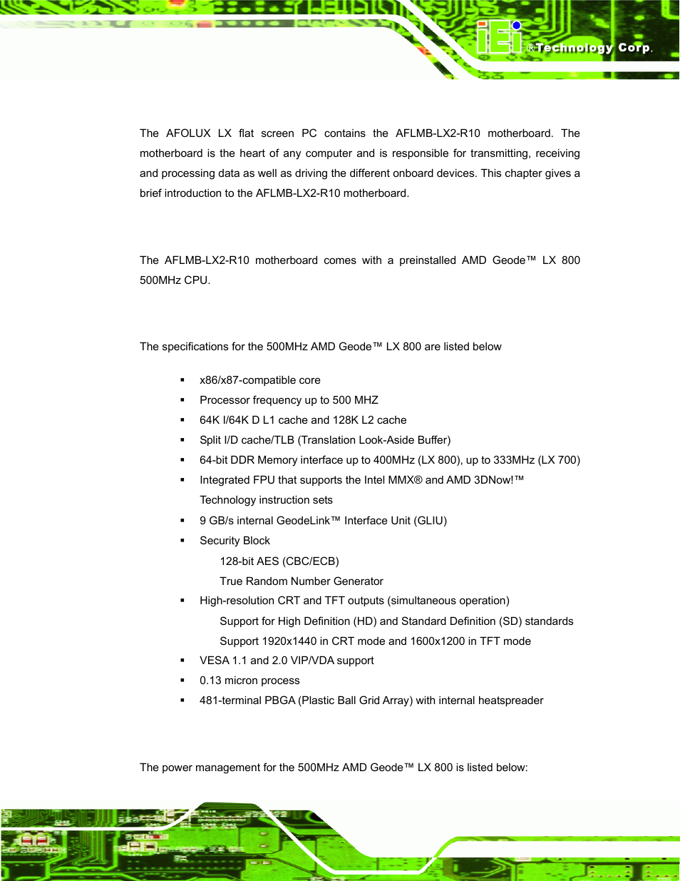 1 introduction, 2 cpu support, 1 amd geode™ lx 800 500mhz specifications | 2 amd geode™ lx 800 500mhz power management, Ntroduction, Upport | IEI Integration AFL-056A-LX v2.10 User Manual | Page 28 / 114