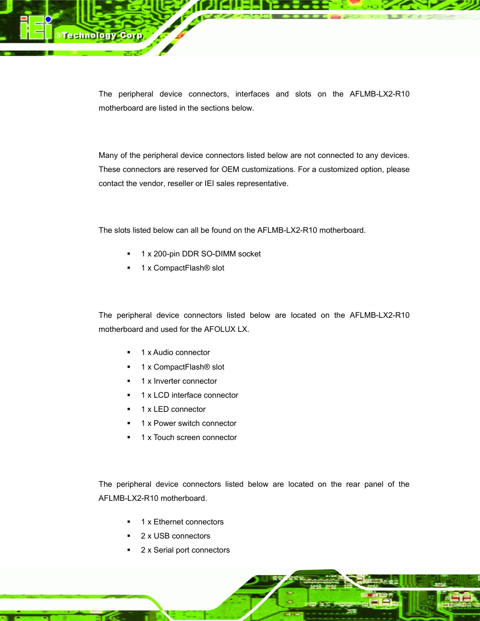 1 oem options, 2 internal slots, 3 internal peripheral device connectors | 4 external peripheral device connectors, Eripheral, Evice, Nterfaces, Onnectors, Lots | IEI Integration AFL-056A-LX v2.10 User Manual | Page 33 / 114