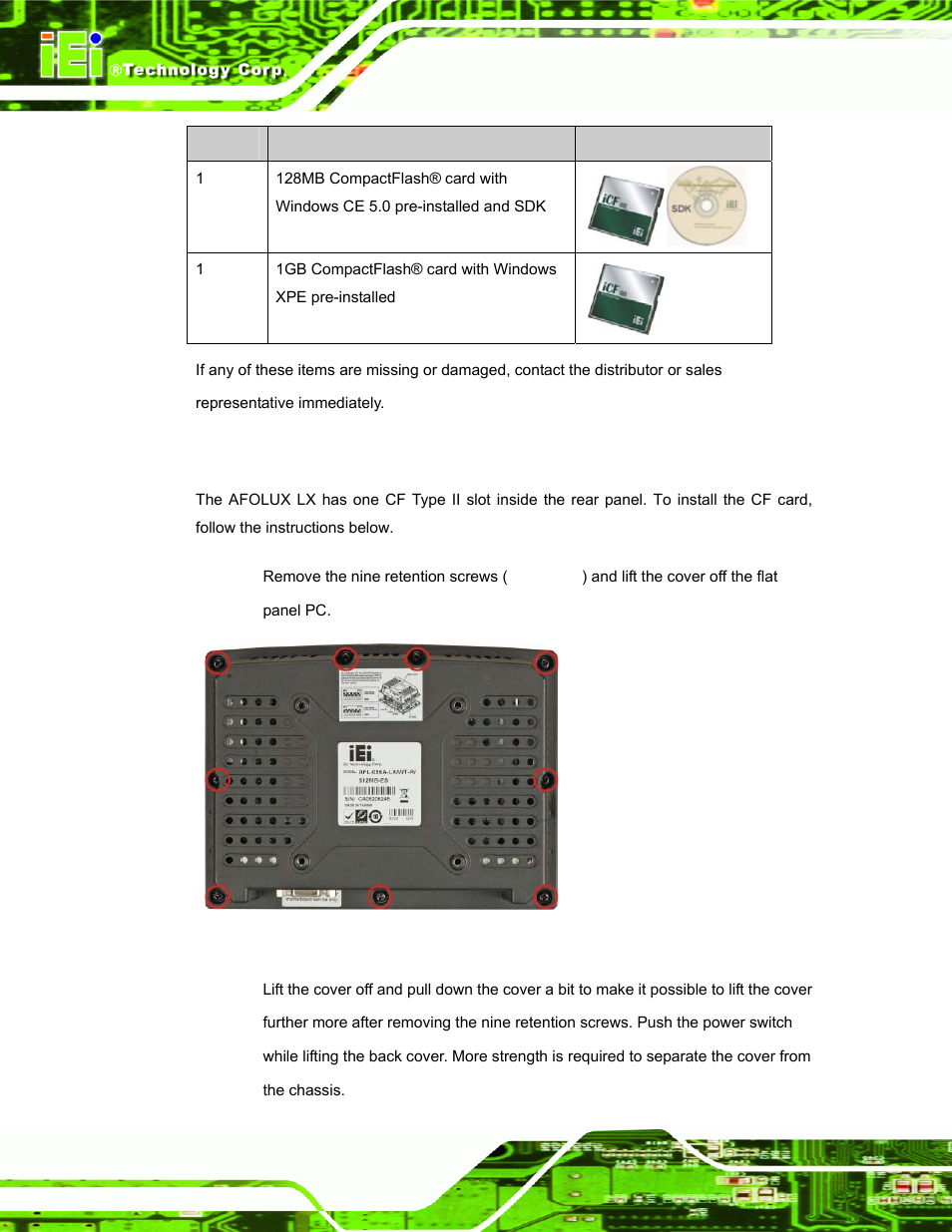 5 cf card installation, Nstallation, Figure 3-1: back cover retention screws | IEI Integration AFL-056A-LX v2.10 User Manual | Page 39 / 114