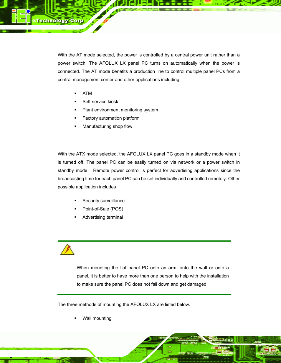 1 at power mode, 2 atx power mode, 7 mounting the system | Ounting the, Ystem | IEI Integration AFL-056A-LX v2.10 User Manual | Page 41 / 114