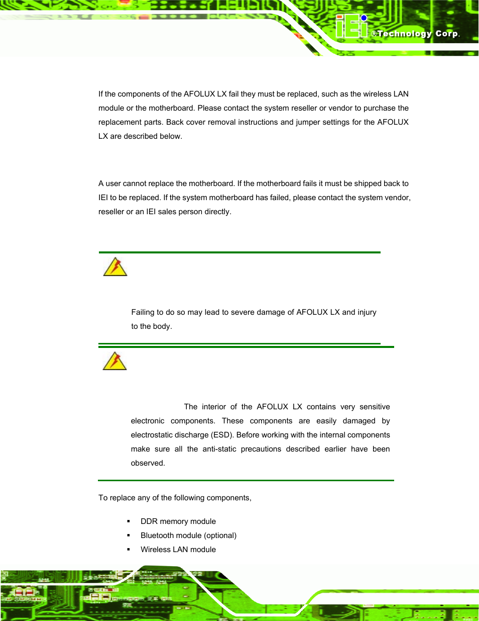 1 system maintenance introduction, 2 motherboard replacement, 3 motherboard removal | Ystem, Aintenance, Ntroduction, Otherboard, Eplacement, Emoval | IEI Integration AFL-056A-LX v2.10 User Manual | Page 54 / 114