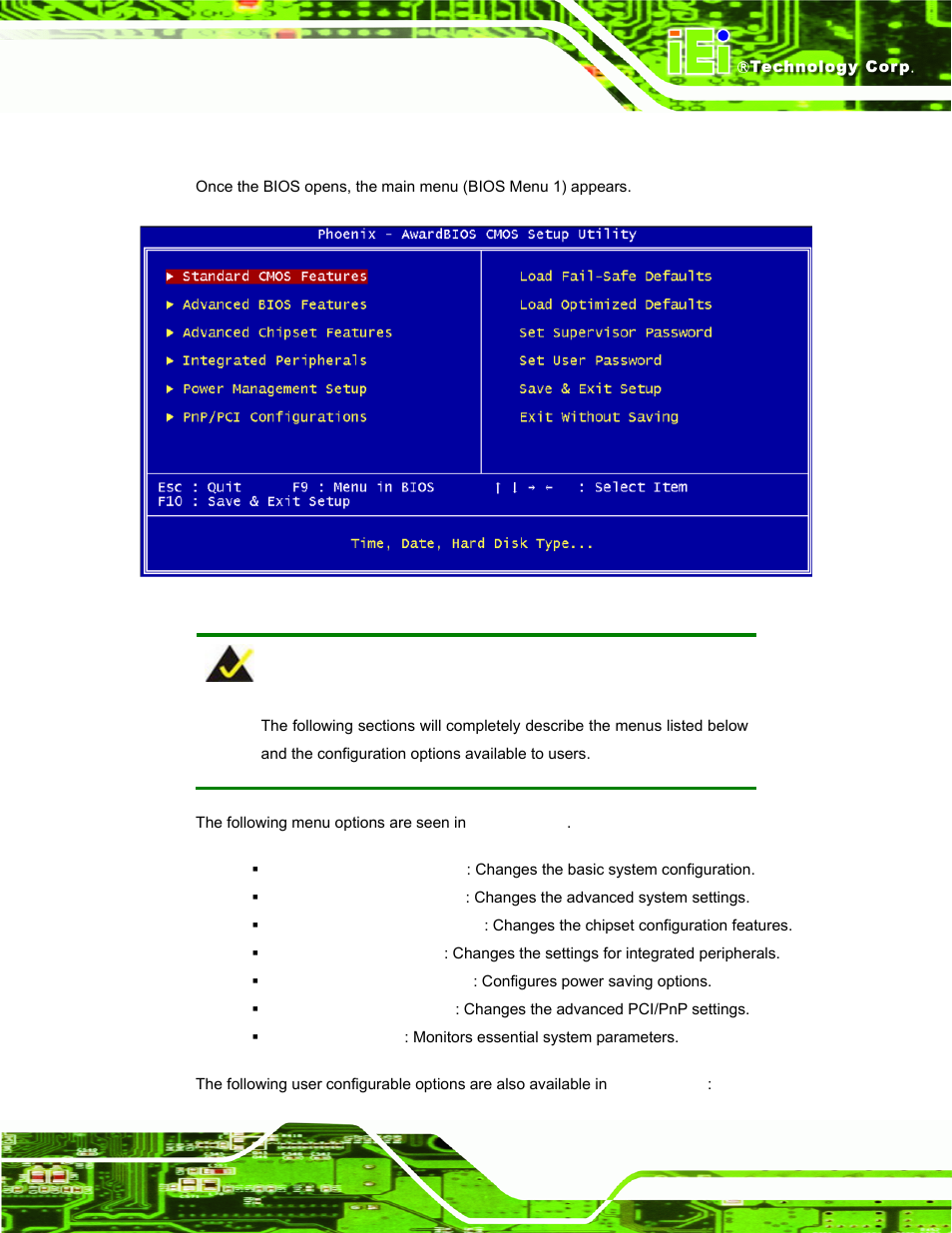 4 main bios menu, Bios menu 1: award bios cmos setup utility | IEI Integration AFL-056A-LX v2.10 User Manual | Page 62 / 114