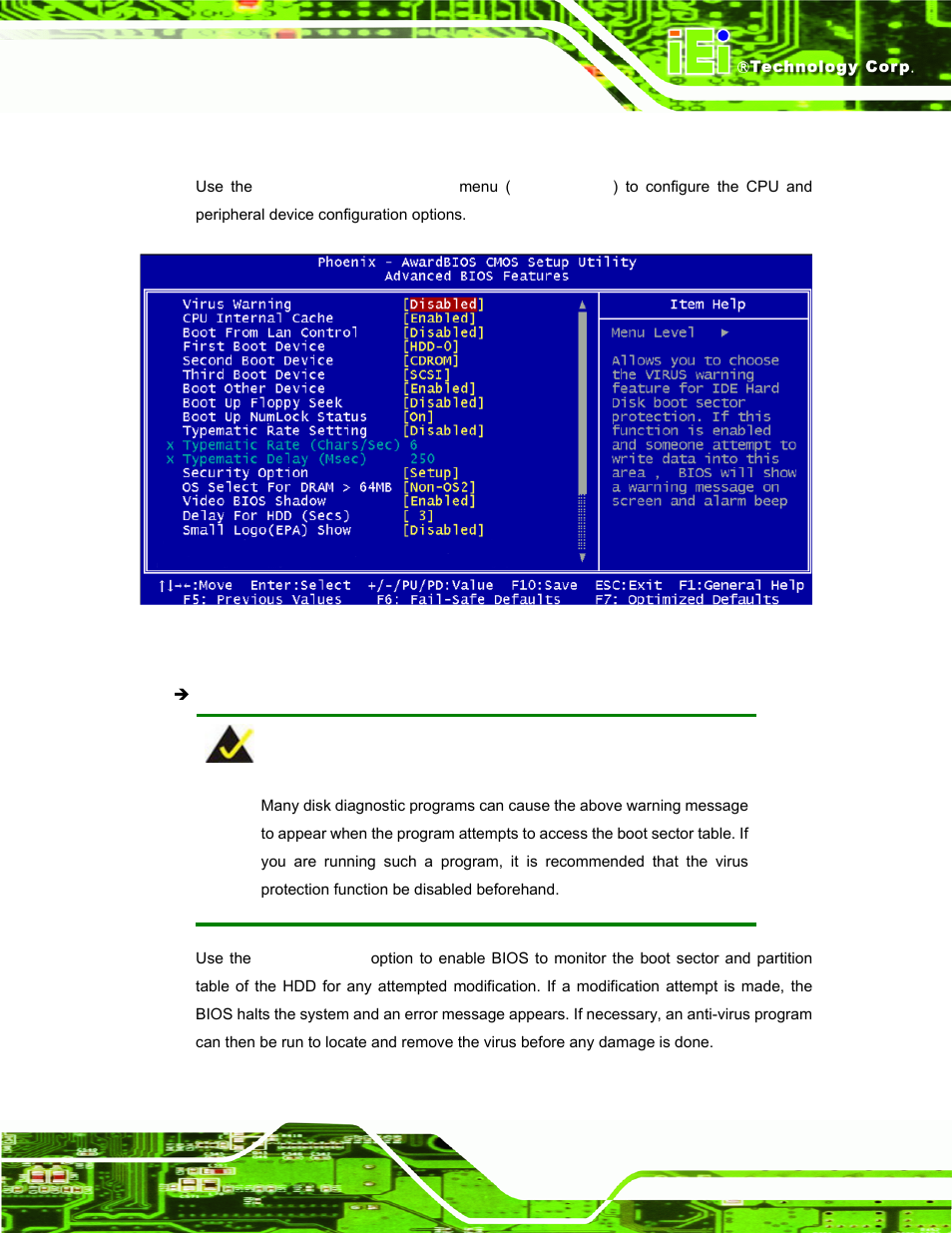 3 advanced bios features, Dvanced, Bios | Eatures, Bios menu 3: advanced bios features | IEI Integration AFL-056A-LX v2.10 User Manual | Page 68 / 114