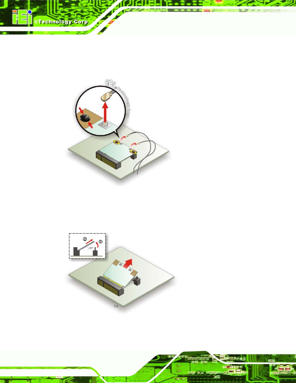 Figure 6-5: releasing the wlan card, Figure 6-6: removing the wlan card | IEI Integration AFL2-W21-H61 User Manual | Page 131 / 262