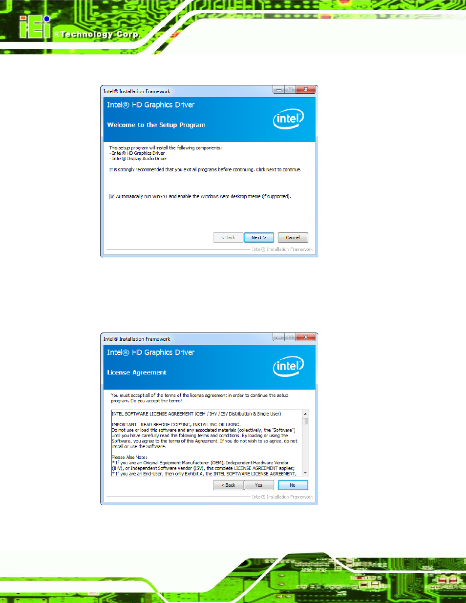 Figure 8-10: graphics driver welcome screen, Figure 8-11: graphics driver license agreement | IEI Integration AFL2-W21-H61 User Manual | Page 179 / 262