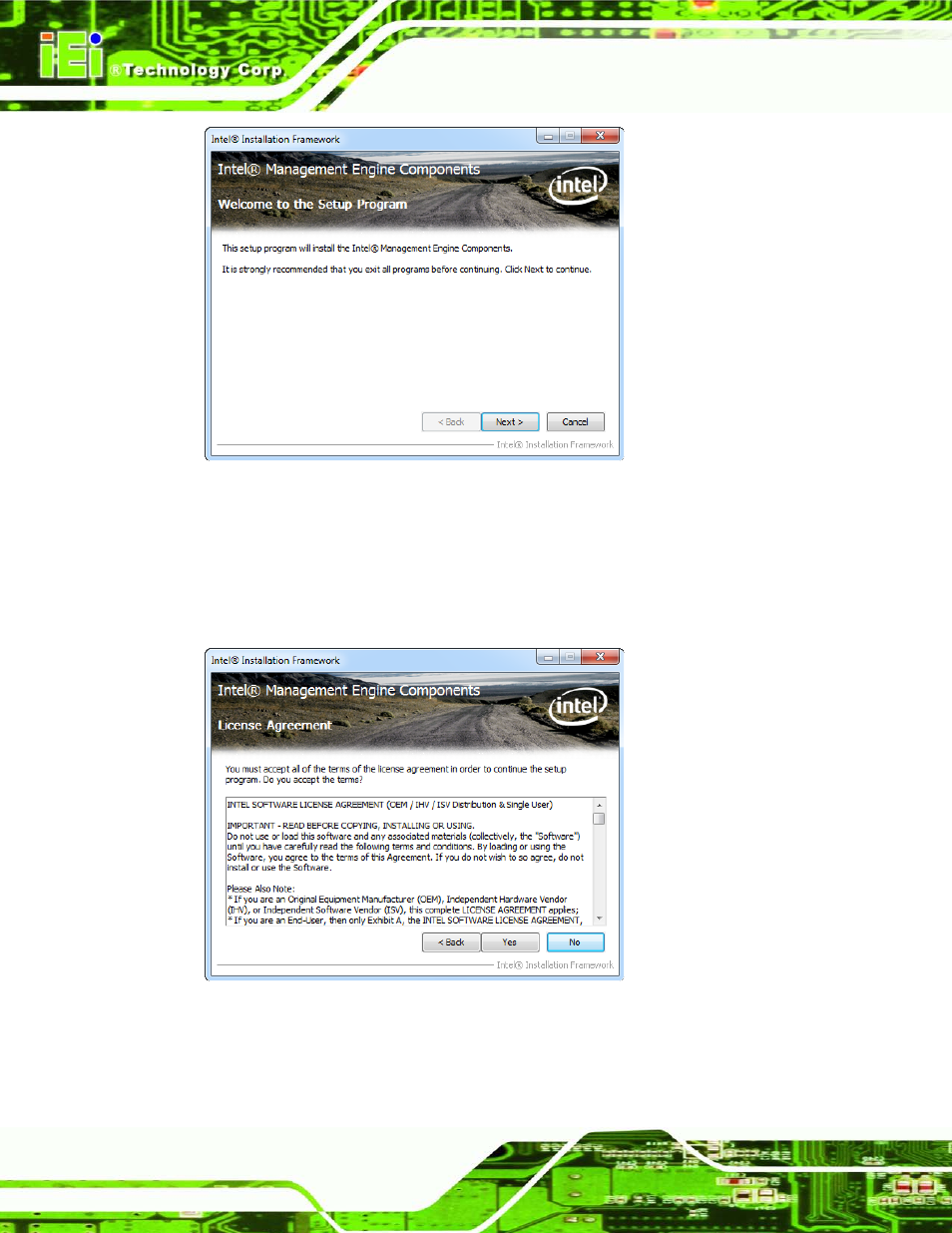 Figure 8-22: intel® me driver welcome screen, Figure 8-23: intel® me driver license agreement | IEI Integration AFL2-W21-H61 User Manual | Page 187 / 262