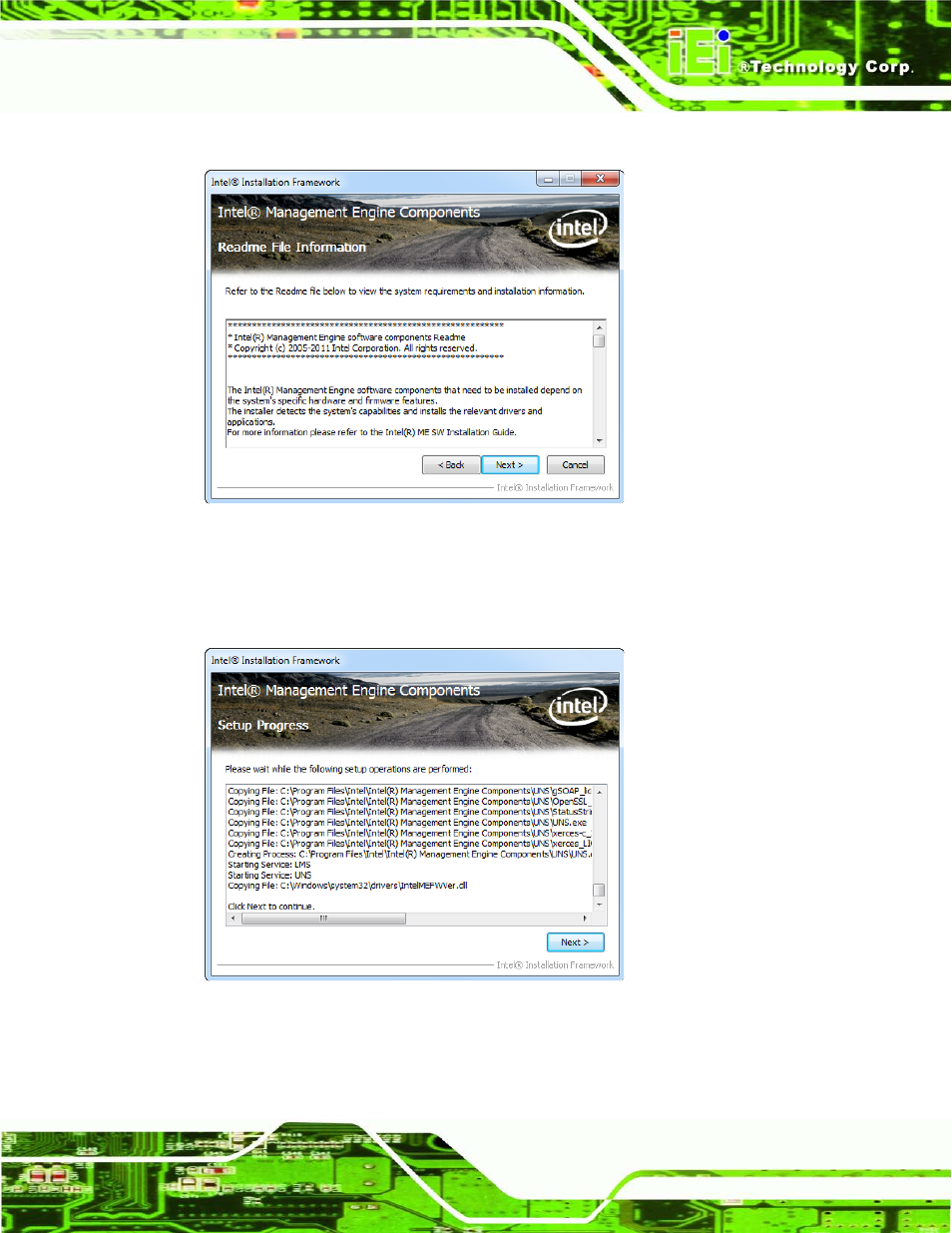 Figure 8-24: intel® me driver read me file, Figure 8-25: intel® me driver setup operations | IEI Integration AFL2-W21-H61 User Manual | Page 188 / 262