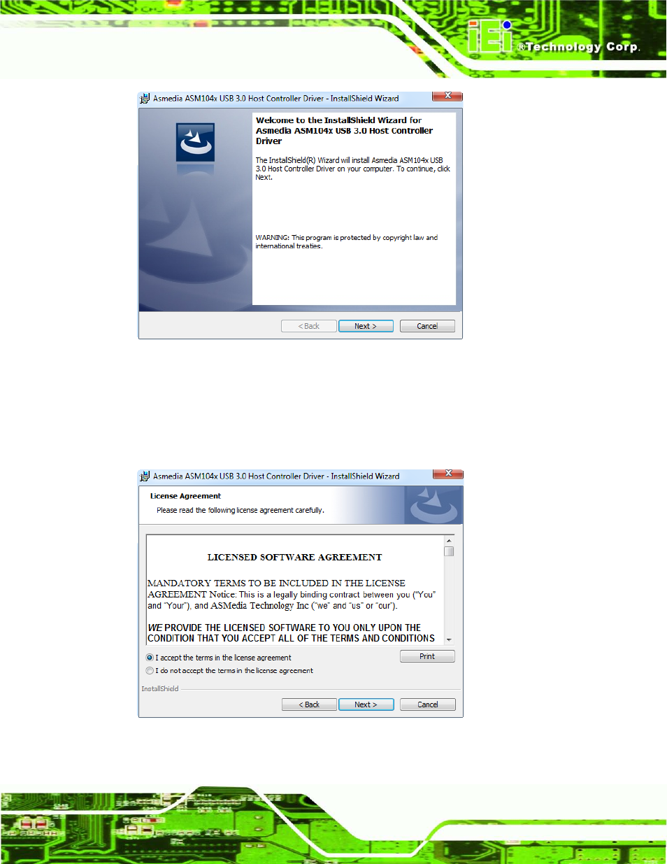 Figure 8-27: usb 3.0 driver welcome screen, Figure 8-28: usb 3.0 driver license agreement | IEI Integration AFL2-W21-H61 User Manual | Page 190 / 262