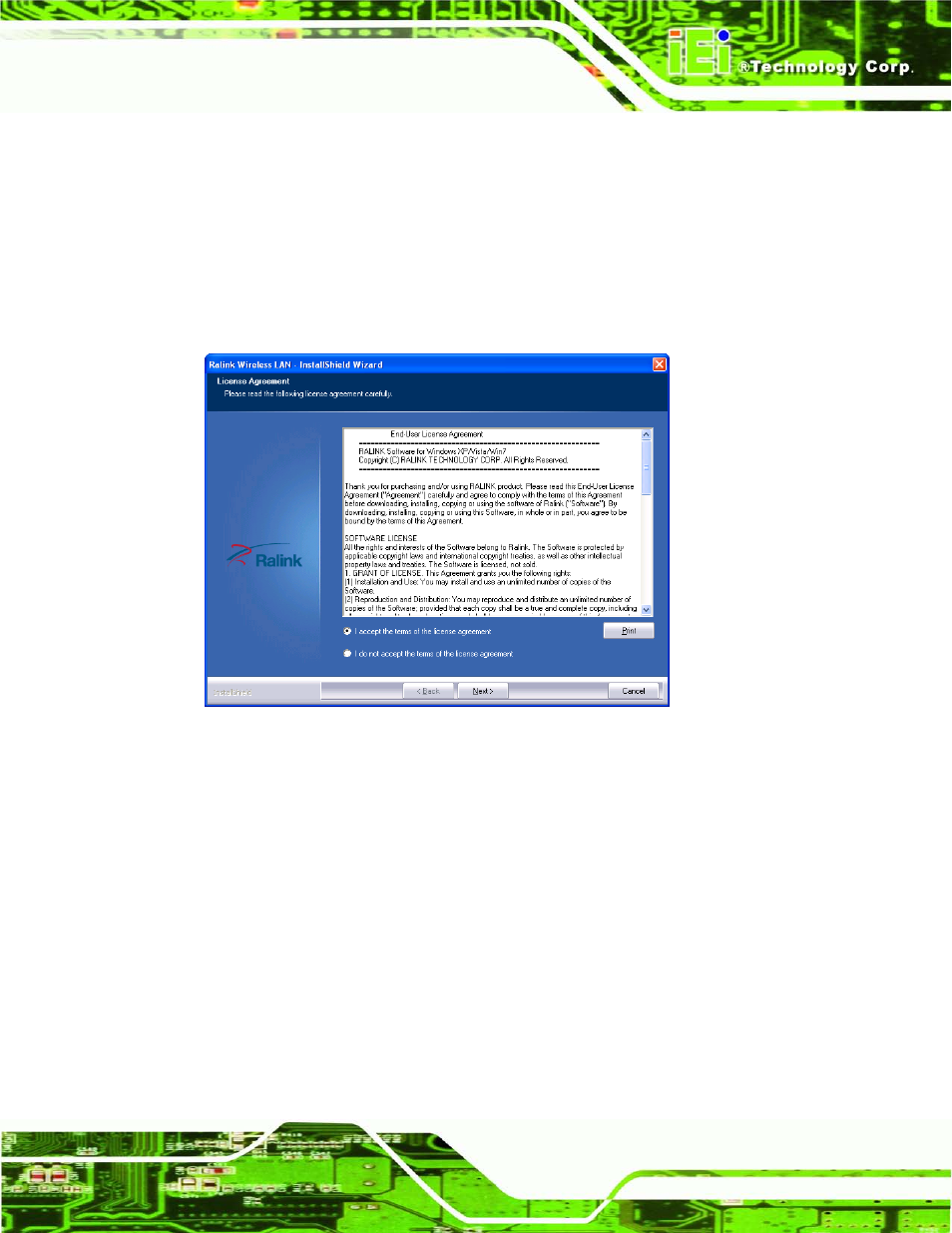 9 wi-fi driver installation, River, Nstallation | Figure 8-31: license agreement, 9 wi-fi drive r in s ta lla tio n | IEI Integration AFL2-W21-H61 User Manual | Page 192 / 262