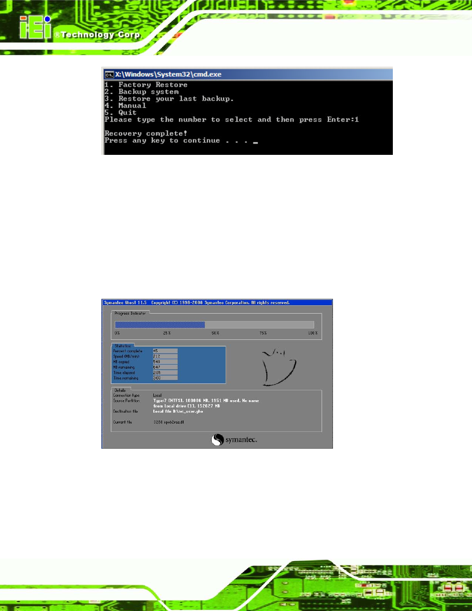 C.5.2 backup system, Figure c-35: recovery complete window, Figure c-36: backup system | IEI Integration AFL2-W21-H61 User Manual | Page 245 / 262