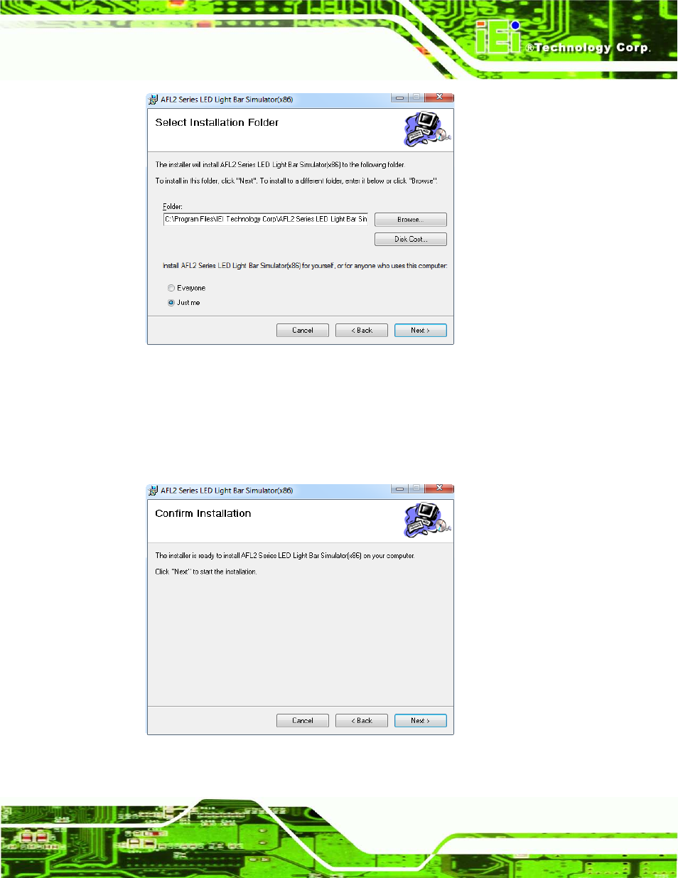 Figure 2-2: select installation folder screen, Figure 2-3: confirm installation screen | IEI Integration AFL2-W21-H61 User Manual | Page 34 / 262