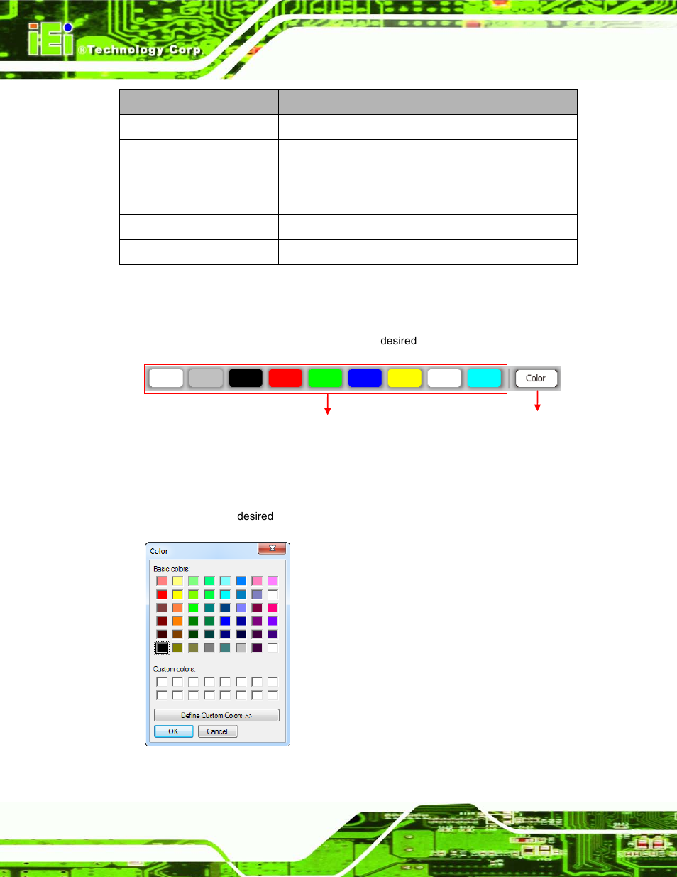 Figure 2-6: color setting area, Figure 2-7: color palette, Table 2-1: led simulator software description | IEI Integration AFL2-W21-H61 User Manual | Page 37 / 262