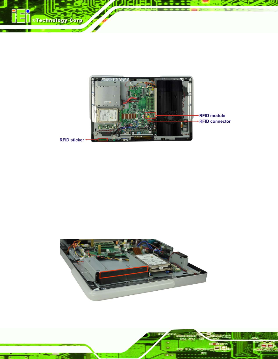 7 dvd-rom installation (optional), Dvd-rom, Nstallation | Ptional, Figure 4-8: install the rfid module, Figure 4-9: dvd-rom bracket, 7 dvd-rom in s ta lla tio n (op tio n a l) | IEI Integration AFL2-W21-H61 User Manual | Page 65 / 262