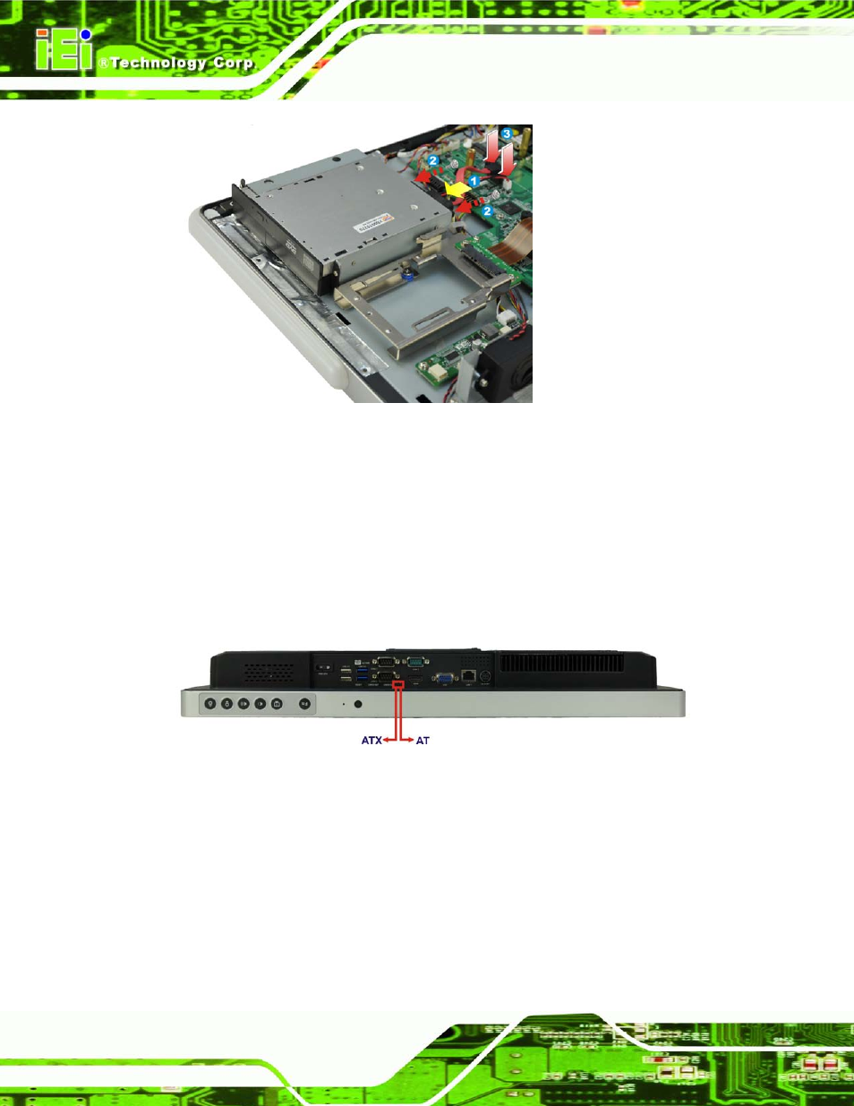 8 at/atx mode selection, 1 at power mode, At/atx | Election, Figure 4-12: dvd-rom installation, Figure 4-13: at/atx switch location | IEI Integration AFL2-W21-H61 User Manual | Page 67 / 262