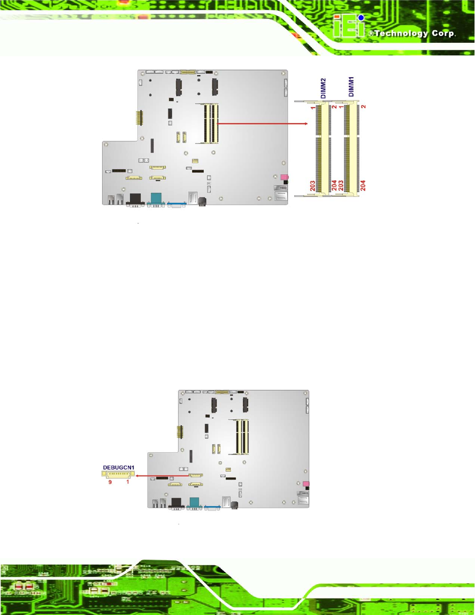 7 debug port connector, Figure 6-8: ddr3 dimm slot locations, Figure 6-9: debug port connector location | IEI Integration AFL2-W19A-H61 v1.11 User Manual | Page 106 / 277