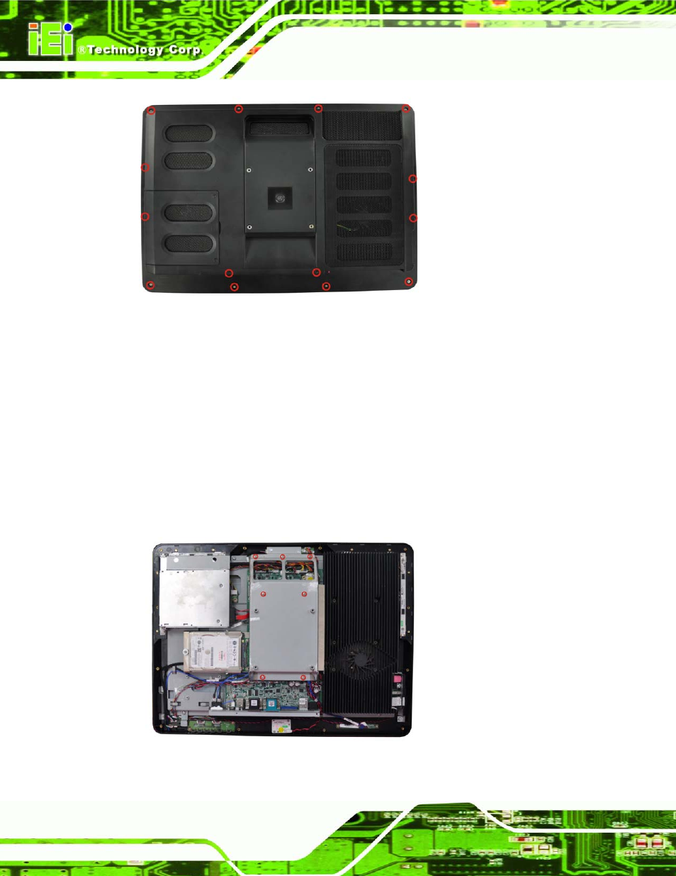 2 removing the internal aluminum cover, Figure 7-1: back cover retention screws, Figure 7-2: internal cover retention screws | Figure | IEI Integration AFL2-W19A-H61 v1.11 User Manual | Page 137 / 277