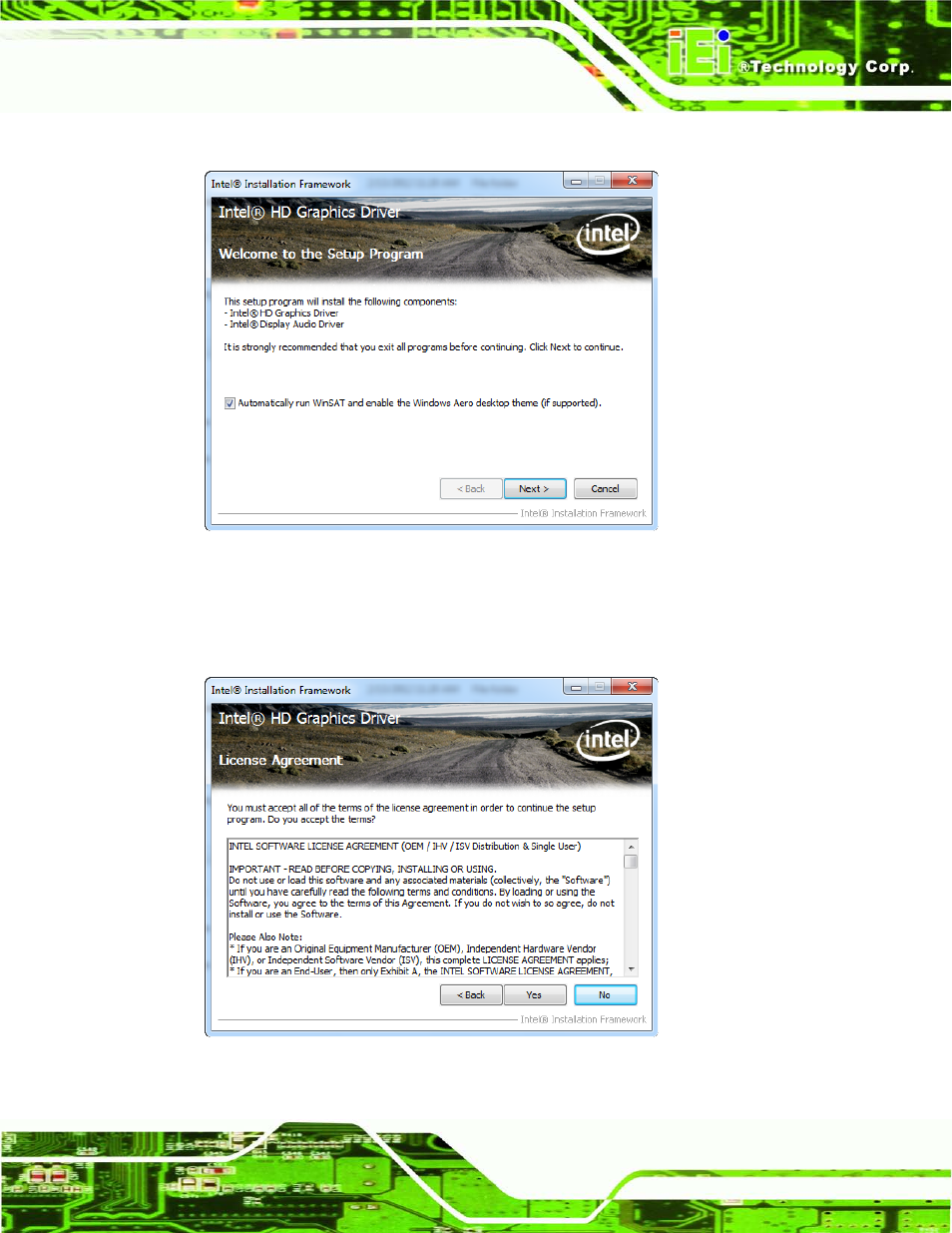 Figure 9-10: graphics driver welcome screen, Figure 9-11: graphics driver license agreement | IEI Integration AFL2-W19A-H61 v1.11 User Manual | Page 188 / 277