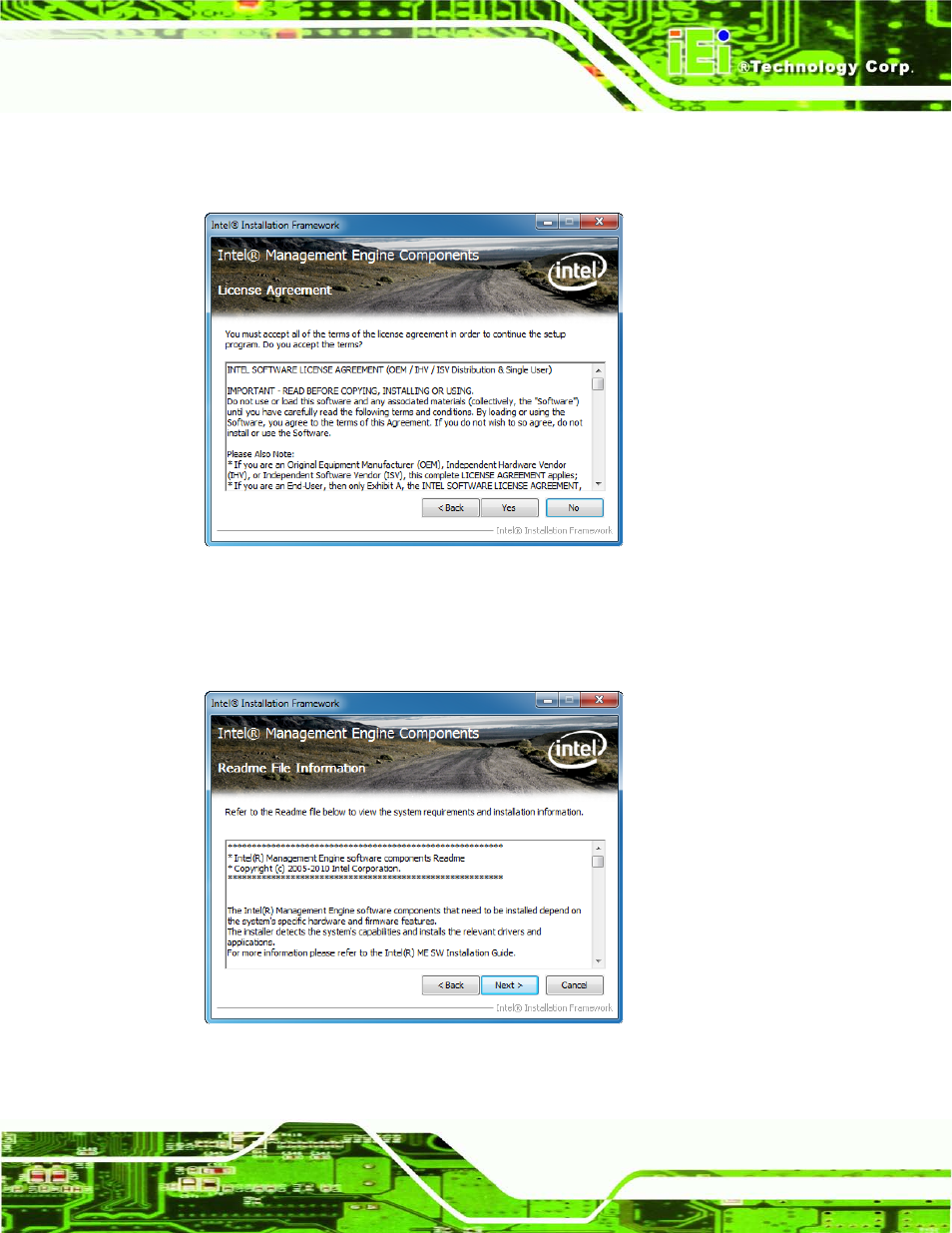 Figure 9-33: intel® me driver license agreement, Figure 9-34: intel® me driver read me file, N figure 9-33 | IEI Integration AFL2-W19A-H61 v1.11 User Manual | Page 202 / 277