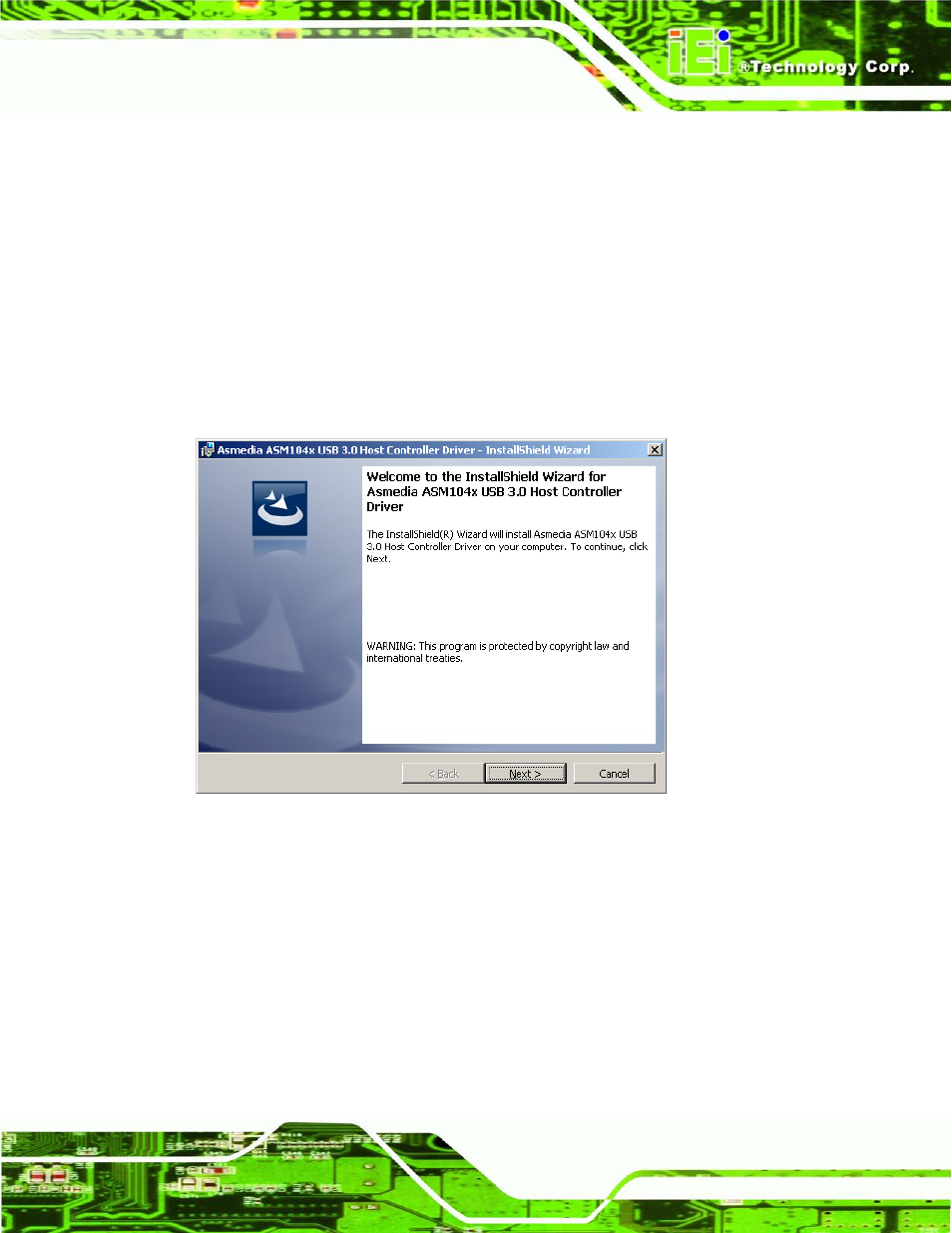 9 usb 3.0 driver installation, River, Nstallation | Figure 9-37: usb 3.0 driver welcome screen, 9 us b 3.0 drive r in s ta lla tio n | IEI Integration AFL2-W19A-H61 v1.11 User Manual | Page 204 / 277