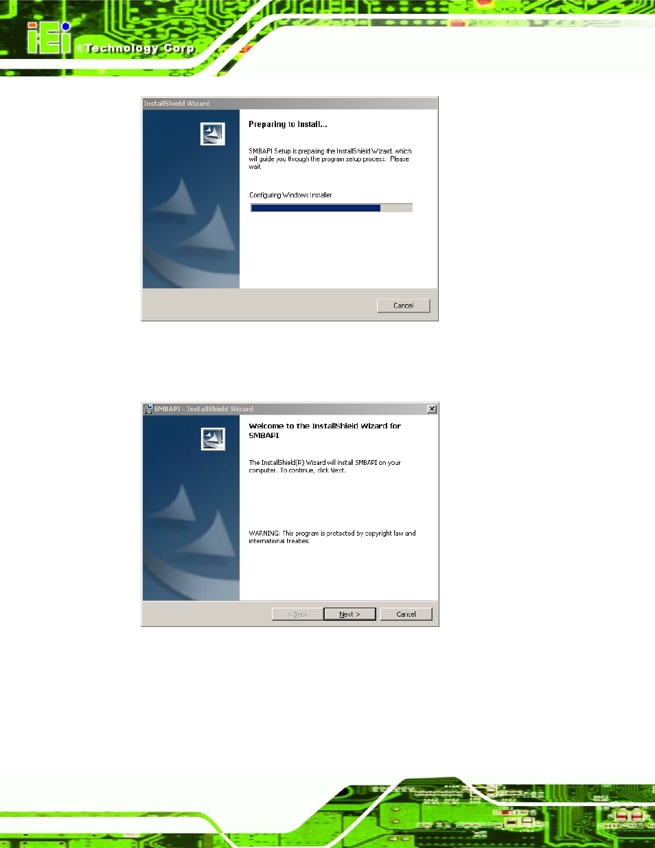 Figure 9-47: the installshield wizard starts, Figure 9-48: welcome screen | IEI Integration AFL2-W19A-H61 v1.11 User Manual | Page 211 / 277