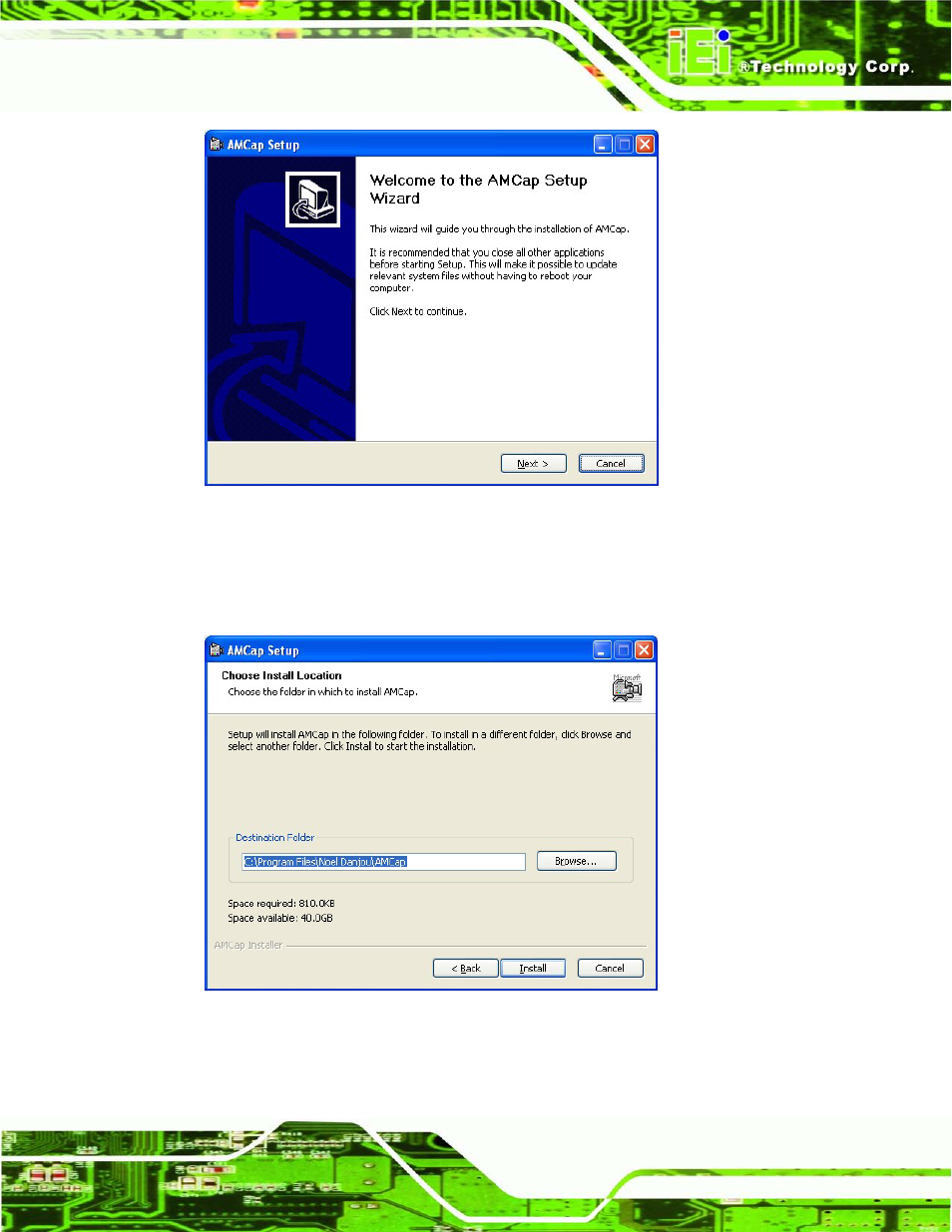 Figure 9-52: amcap driver welcome screen, Figure 9-53: amcap driver choose install location | IEI Integration AFL2-W19A-H61 v1.11 User Manual | Page 214 / 277