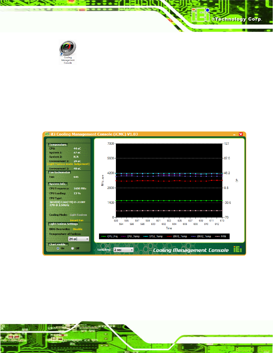 2 icmc overview, 1 information panel, Verview | Figure 10-6: cooling management console icon, Figure 10-7: icmc, 2 icmc ove rvie w | IEI Integration AFL2-W19A-H61 v1.11 User Manual | Page 220 / 277