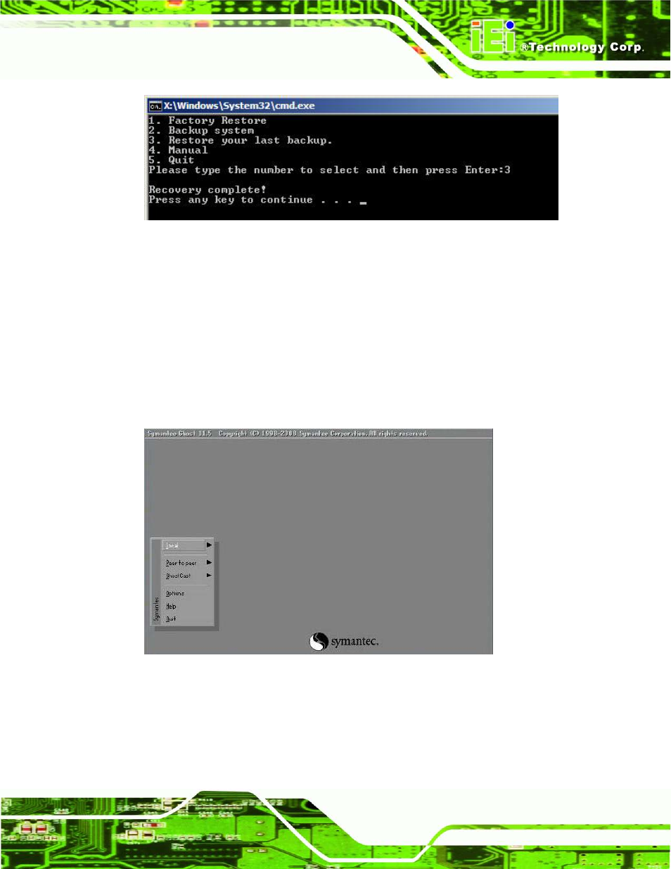 C.5.4 manual, Figure c-39: restore system backup complete window, Figure c-40: symantec ghost window | IEI Integration AFL2-W19A-H61 v1.11 User Manual | Page 262 / 277