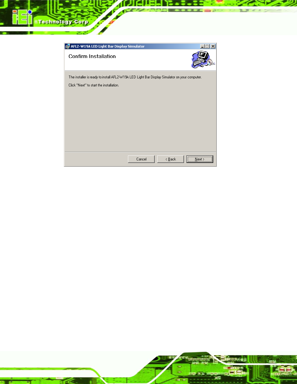 Figure 2-3: confirm installation screen | IEI Integration AFL2-W19A-H61 v1.11 User Manual | Page 35 / 277