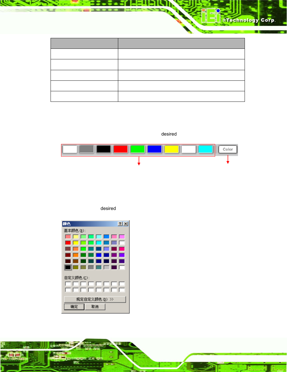 Figure 2-6: color setting area, Figure 2-7: color palette, Table 2-1: led simulator software description | IEI Integration AFL2-W19A-H61 v1.11 User Manual | Page 38 / 277