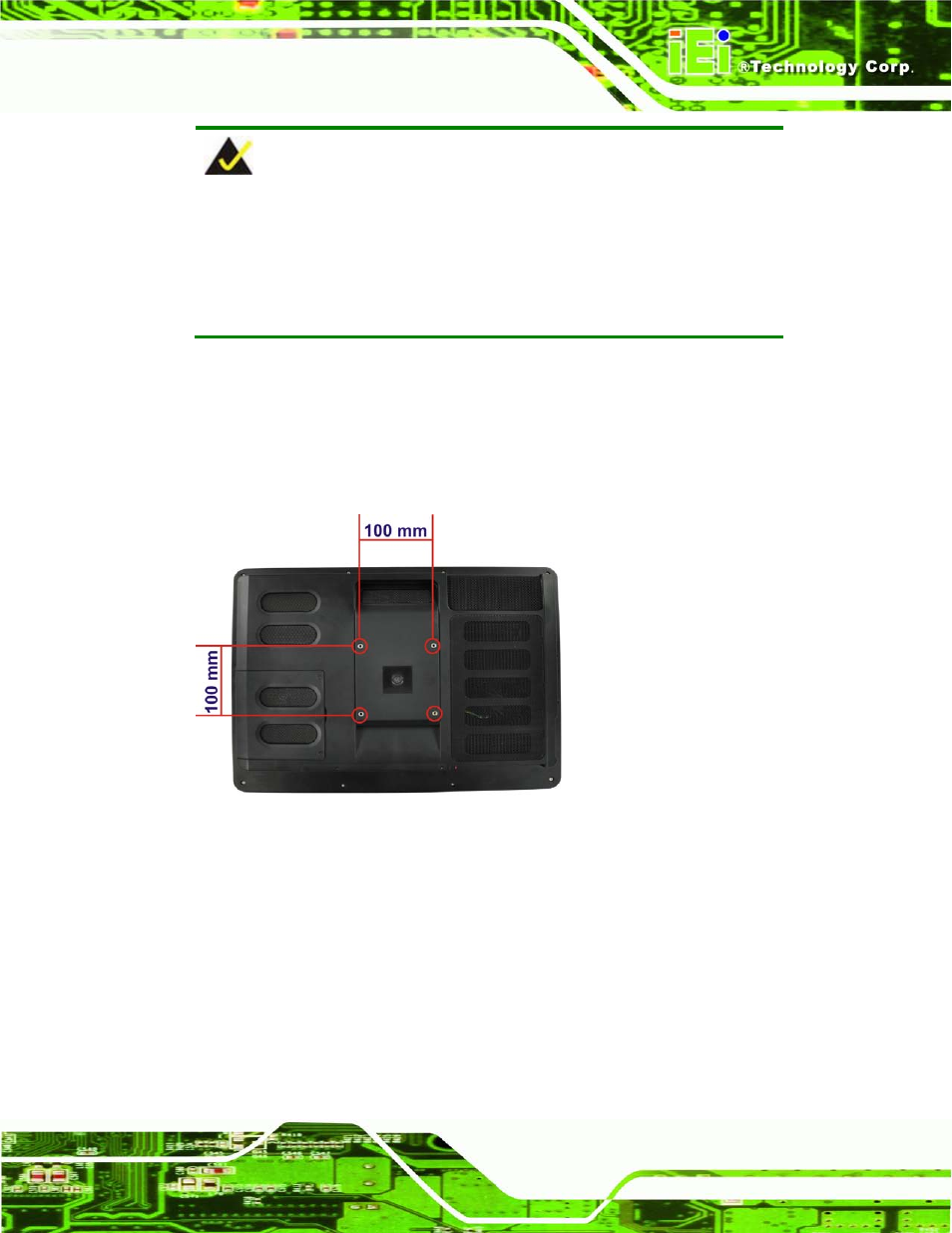 14 external peripheral device connection, Xternal, Eripheral | Evice, Onnection, Figure 5-21: arm mounting retention screw holes | IEI Integration AFL2-W19A-H61 v1.11 User Manual | Page 86 / 277