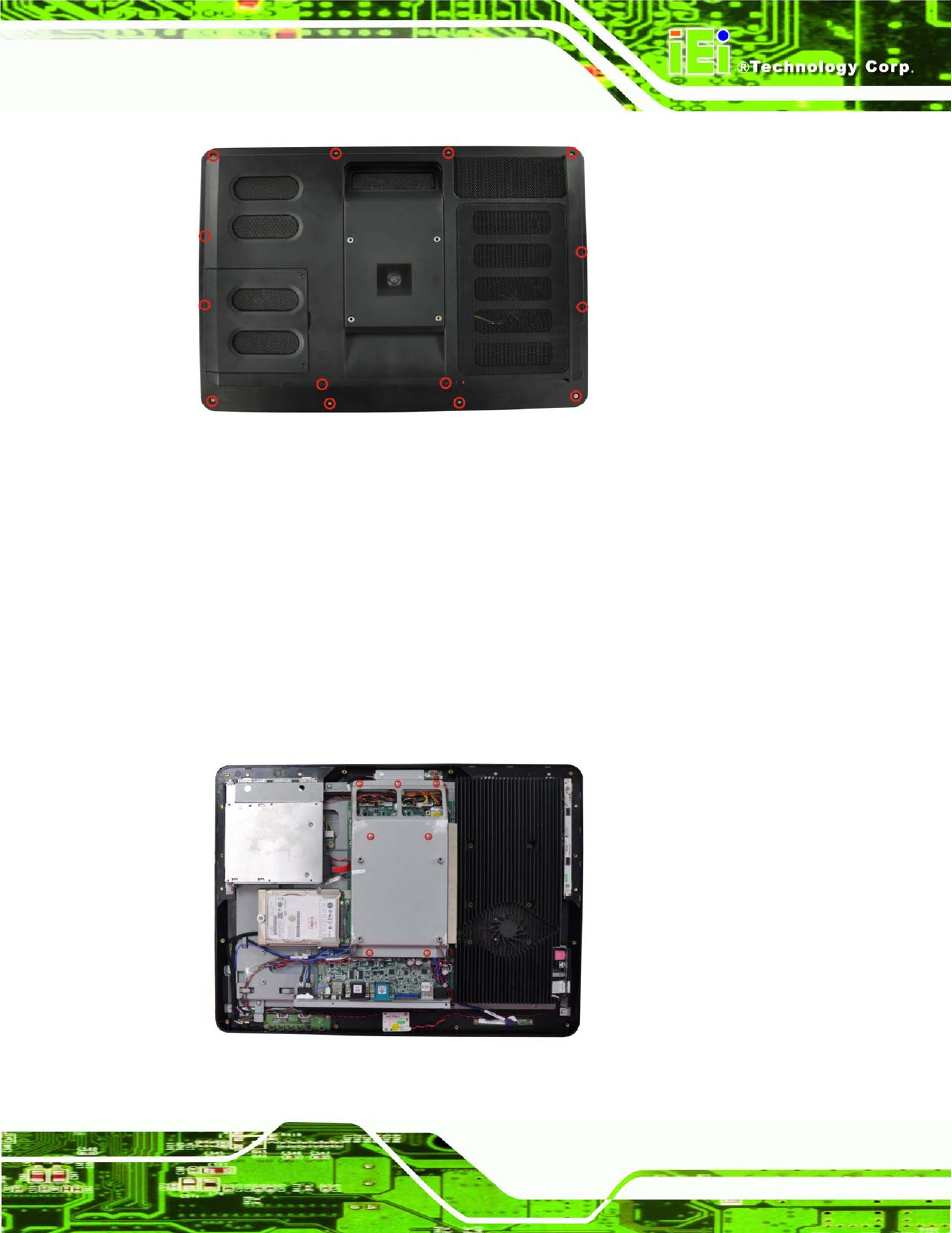 2 removing the internal aluminum cover, Figure 7-1: back cover retention screws, Figure 7-2: internal cover retention screws | Figure | IEI Integration AFL2-W19A-H61 v1.21 User Manual | Page 139 / 279