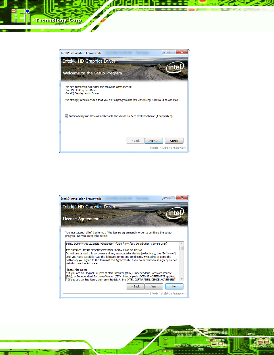 Figure 9-10: graphics driver welcome screen, Figure 9-11: graphics driver license agreement | IEI Integration AFL2-W19A-H61 v1.21 User Manual | Page 190 / 279