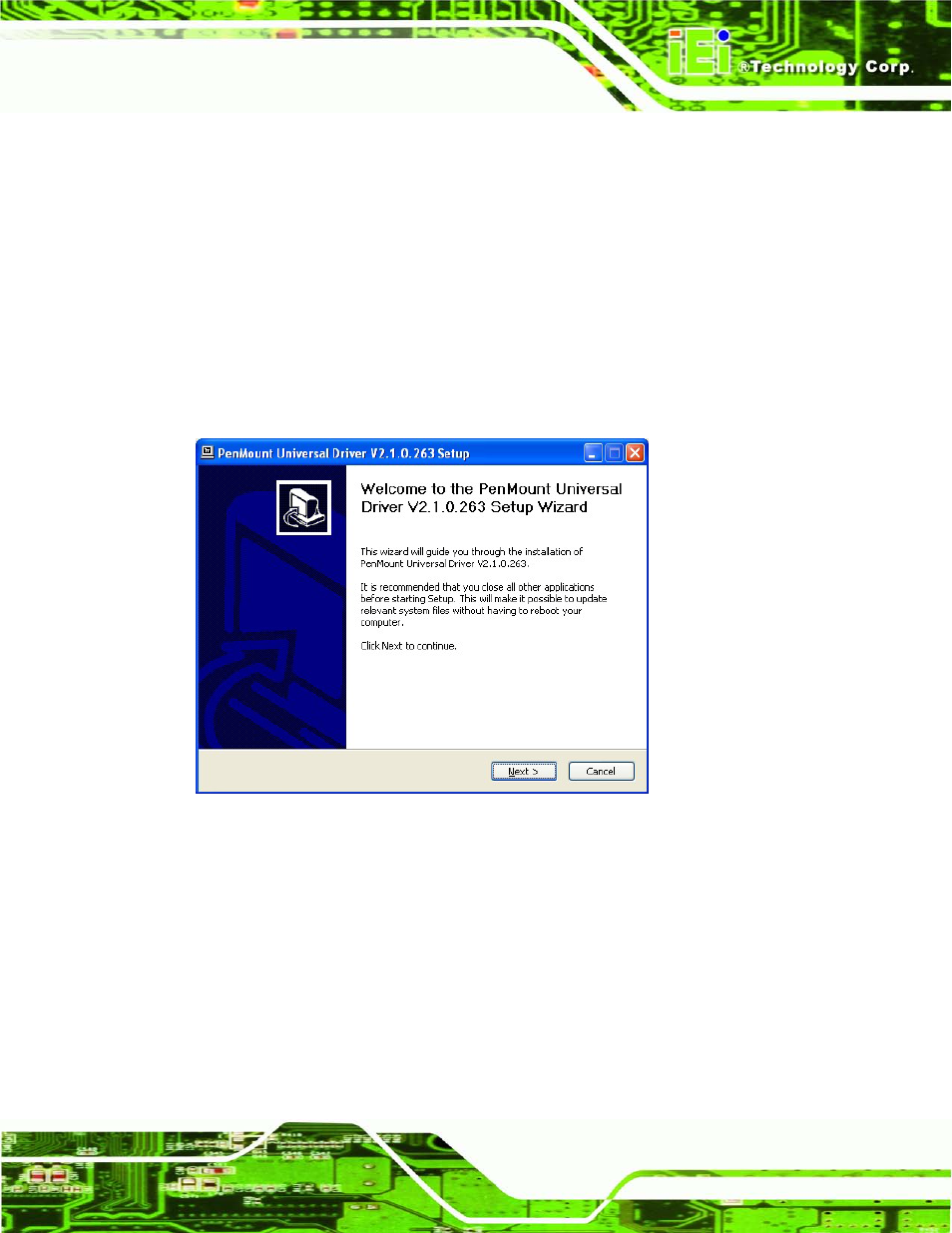 5 touch screen driver, Ouch, Creen | River, Figure 9-15: touch screen driver welcome screen | IEI Integration AFL2-W19A-H61 v1.21 User Manual | Page 193 / 279