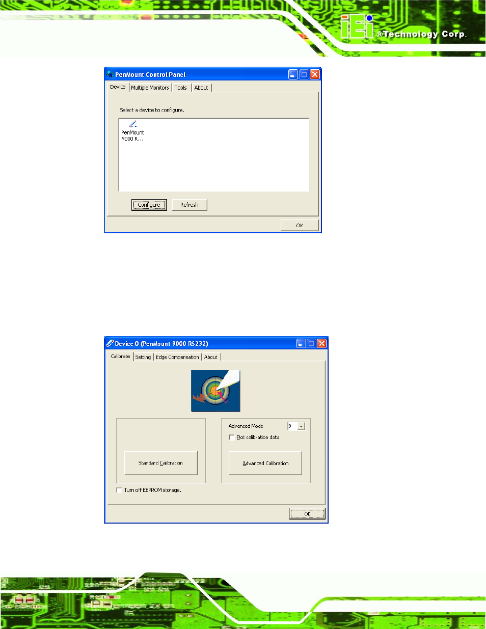 Figure 9-22: configuration screen, Figure 9-23: calibration initiation screen | IEI Integration AFL2-W19A-H61 v1.21 User Manual | Page 197 / 279
