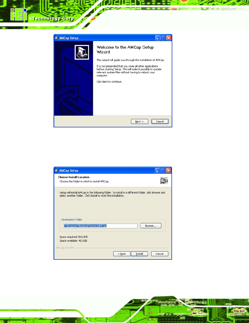 Figure 9-52: amcap driver welcome screen, Figure 9-53: amcap driver choose install location | IEI Integration AFL2-W19A-H61 v1.21 User Manual | Page 216 / 279