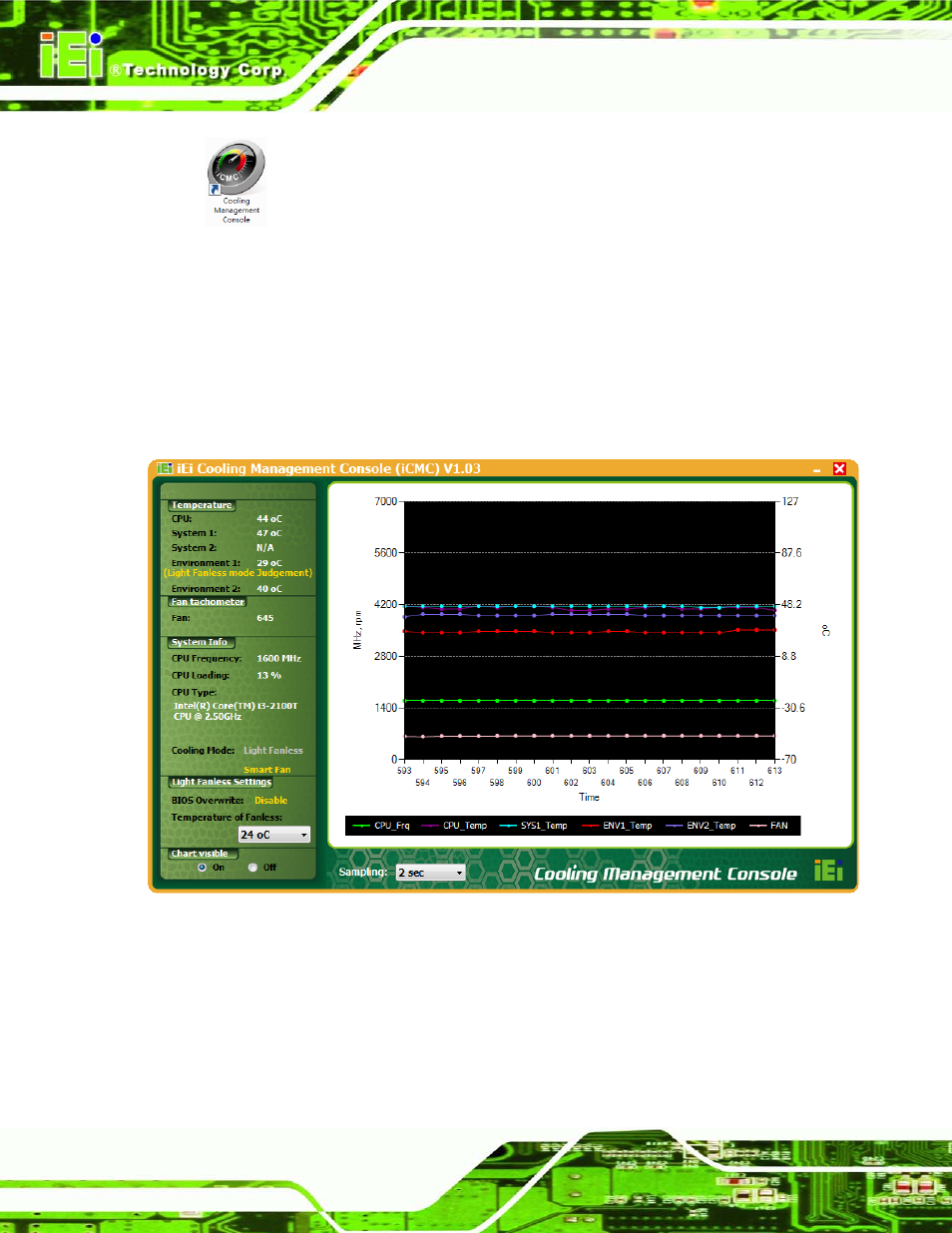 2 icmc overview, 1 information panel, Verview | Figure 10-6: cooling management console icon, Figure 10-7: icmc, 2 icmc ove rvie w | IEI Integration AFL2-W19A-H61 v1.21 User Manual | Page 222 / 279