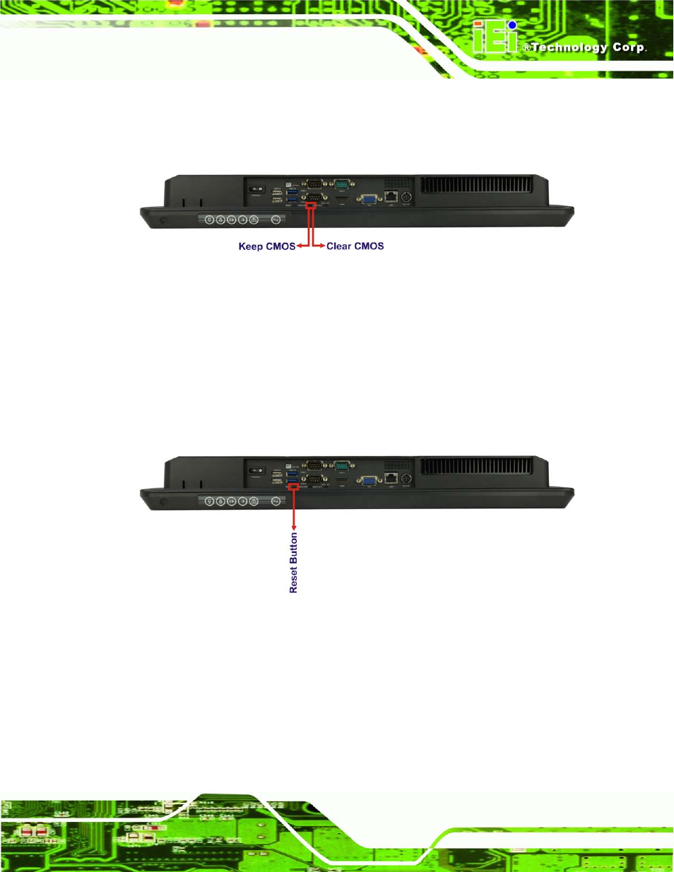 10 reset the system, 11 powering on the system, Eset the | Ystem, Owering, N the, Figure 5-14: clear cmos switch location, Figure 5-15: reset button location, 11 p o we rin g on th e s ys te m | IEI Integration AFL2-W19A-H61 v1.21 User Manual | Page 81 / 279