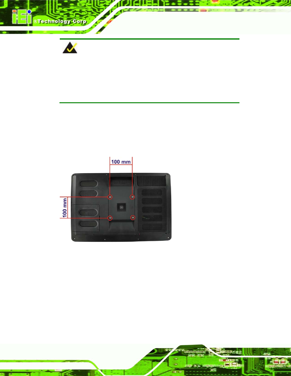 14 external peripheral device connection, Xternal, Eripheral | Evice, Onnection, Figure 5-21: arm mounting retention screw holes | IEI Integration AFL2-W19A-H61 v1.21 User Manual | Page 88 / 279