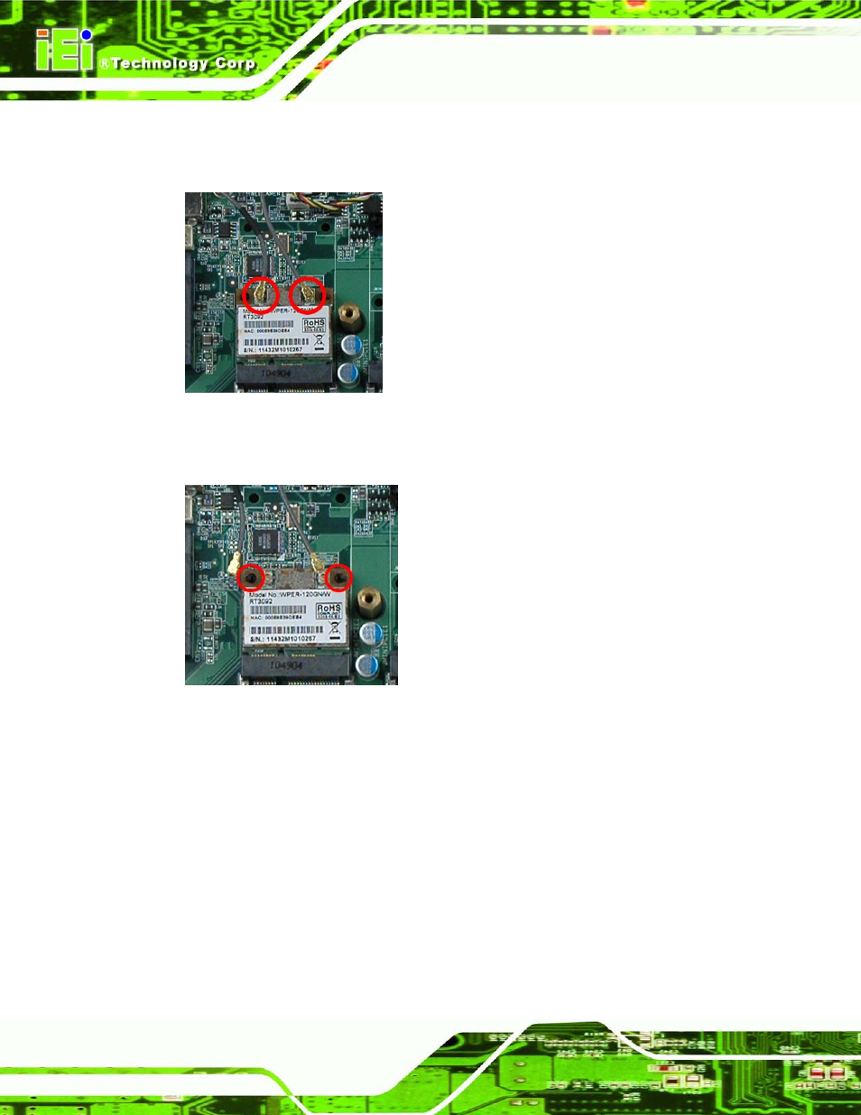 Figure 7-5: removing the antennas, Figure 7-6: releasing the wlan card | IEI Integration AFL2-17A-H61 v1.02 User Manual | Page 129 / 266