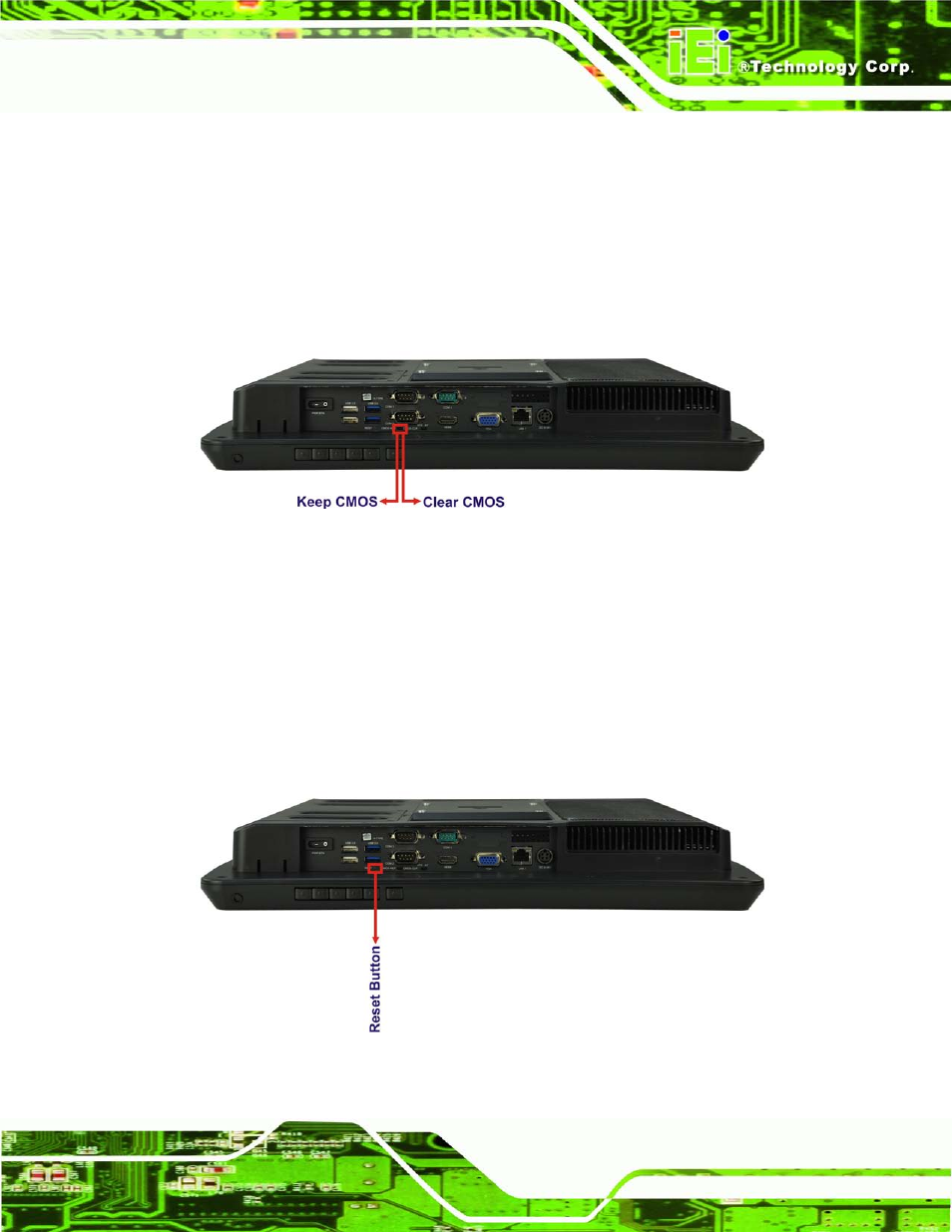 9 clear cmos, 10 reset the system, Lear | Cmos, Eset the, Ystem, Figure 5-14: clear cmos switch location, Figure 5-15: reset button location, 9 cle a r cmos | IEI Integration AFL2-17A-H61 v1.02 User Manual | Page 68 / 266