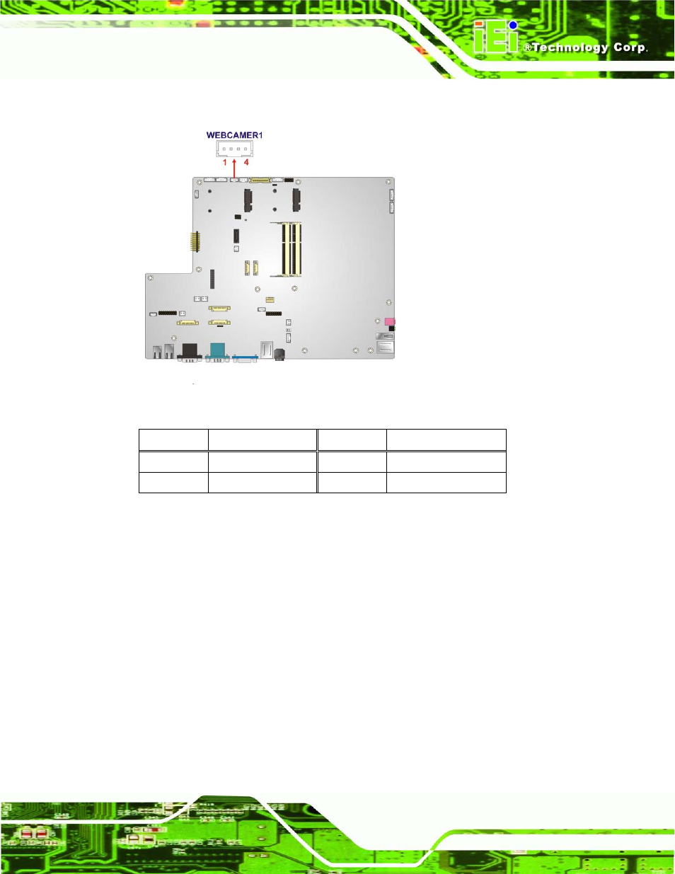 Figure 6-34: web camera connector location, Table 6-30: web camera connector pinouts | IEI Integration AFL2-17A-H61 v1.11 User Manual | Page 128 / 275