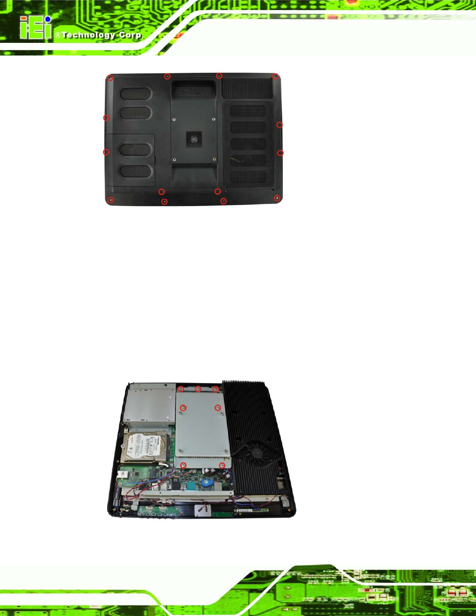 2 removing the internal aluminum cover, Figure 7-1: back cover retention screws, Figure 7-2: internal cover retention screws | Figure | IEI Integration AFL2-17A-H61 v1.11 User Manual | Page 135 / 275