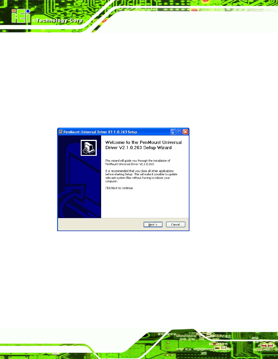 5 touch screen driver, Ouch, Creen | River, Figure 9-15: touch screen driver welcome screen | IEI Integration AFL2-17A-H61 v1.11 User Manual | Page 189 / 275