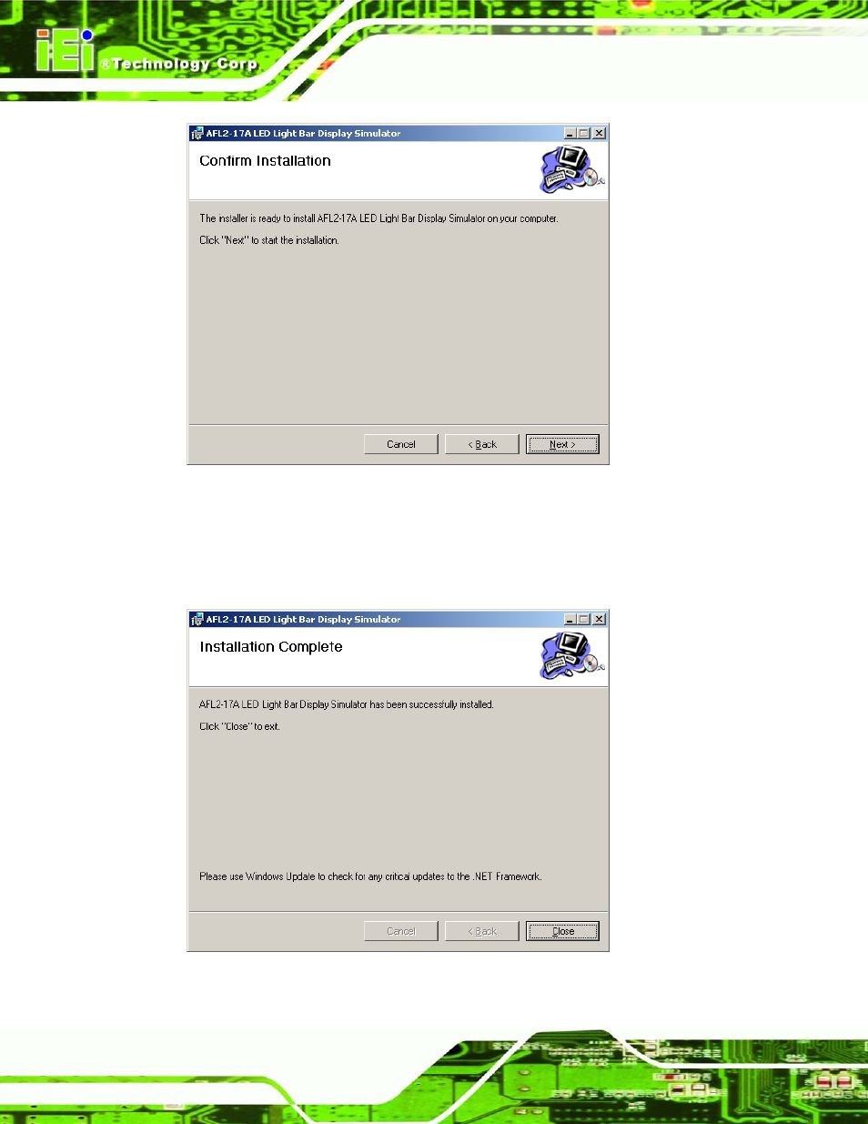Figure 2-3: confirm installation screen, Figure 2-4: installation complete | IEI Integration AFL2-17A-H61 v1.11 User Manual | Page 35 / 275