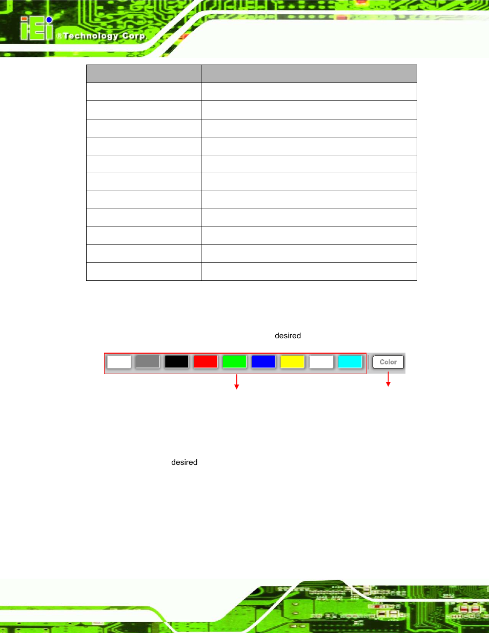 Figure 2-6: color setting area, Table 2-1: led simulator software description | IEI Integration AFL2-17A-H61 v1.11 User Manual | Page 37 / 275