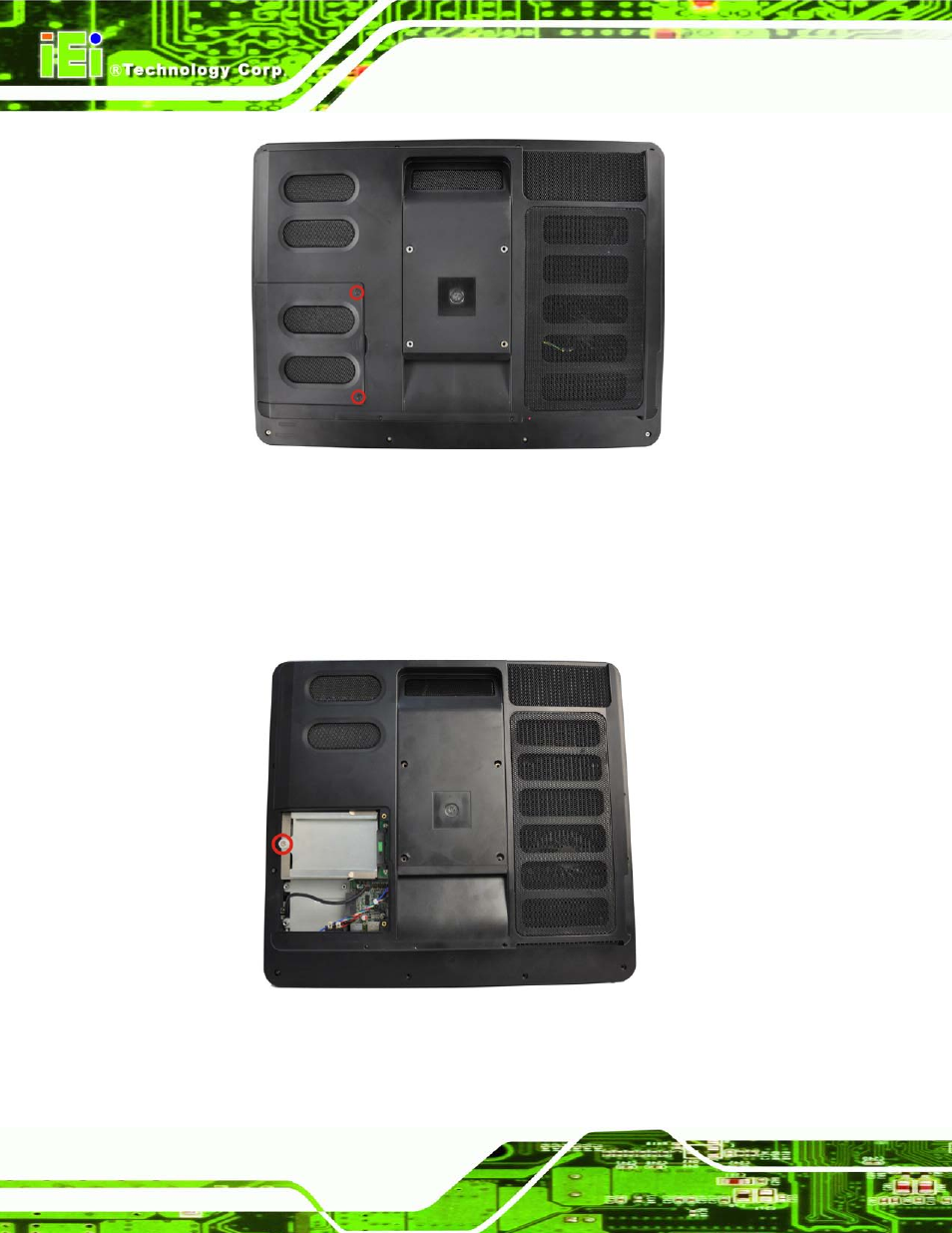 Figure 5-1: hdd cover retention screws, Figure 5-2: hdd bracket screw | IEI Integration AFL2-17A-H61 v1.11 User Manual | Page 69 / 275