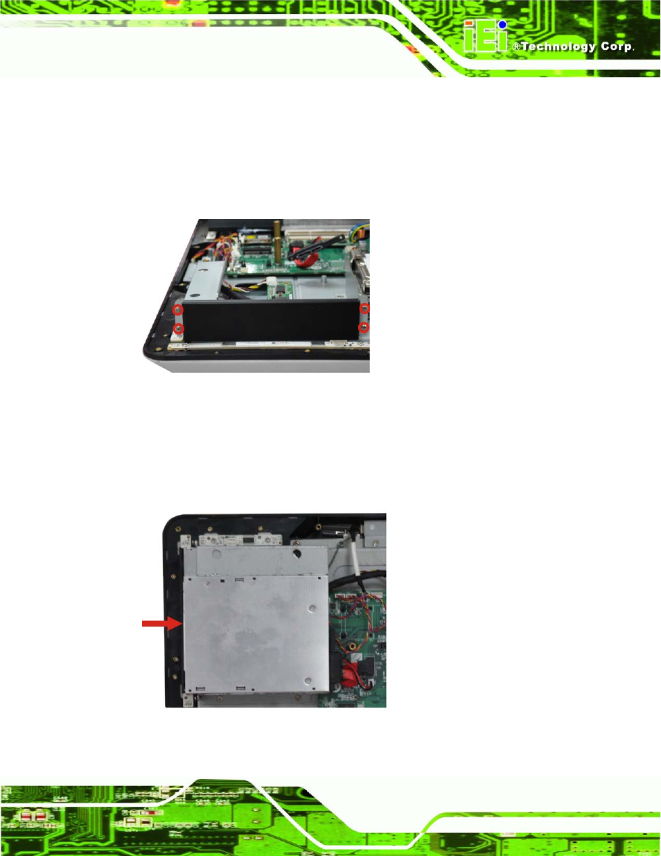 7 dvd-rom installation (optional), Dvd-rom, Nstallation | Ptional, Figure 5-9: dvd-rom cover, Figure 5-10: install the dvd-rom, 7 dvd-rom in s ta lla tio n (op tio n a l) | IEI Integration AFL2-17A-H61 v1.11 User Manual | Page 74 / 275